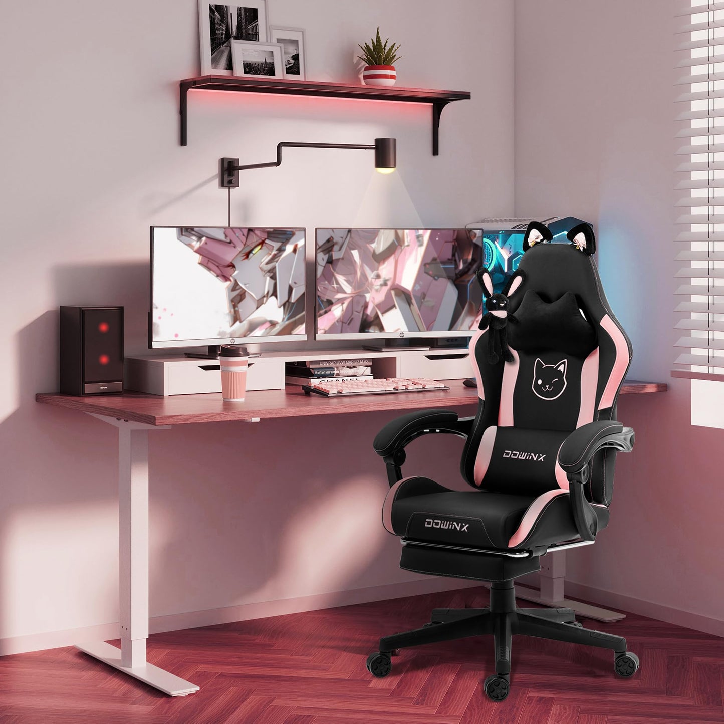 Dowinx Gaming Chair - Cute Cat Edition - Ergonomic Computer Chair with High Back and Lumbar Support, PU Leather, Footrest, Black