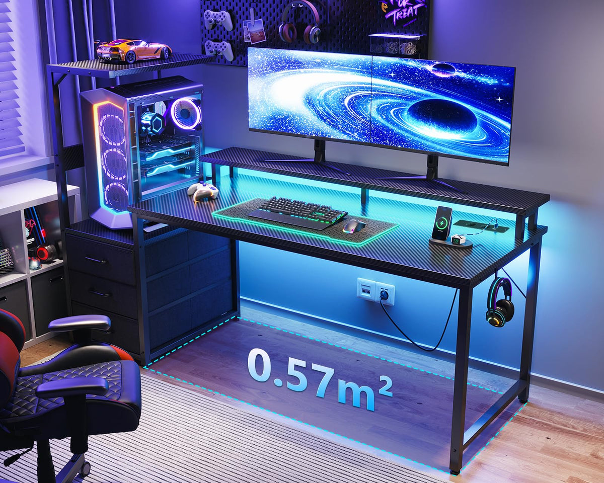Coleshome Gaming Table with Drawers, 151 x 50 cm Gaming Desk with LED Lighting & Socket, Computer Desk with Shelves & Monitor Stand, Carbon Fibre Black