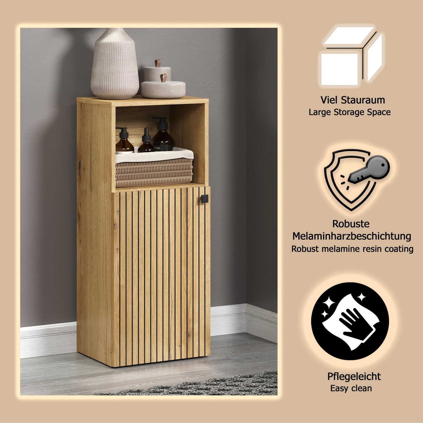 trendteam smart living - PureBliss - Hochschrank - Eiche - Badezimmerschrank in moderner Rillenoptik - edle Metallgriffe - (BxHxT) 40 x 186 x 31 cm - 2 praktische Einlegeböden - kratzfest