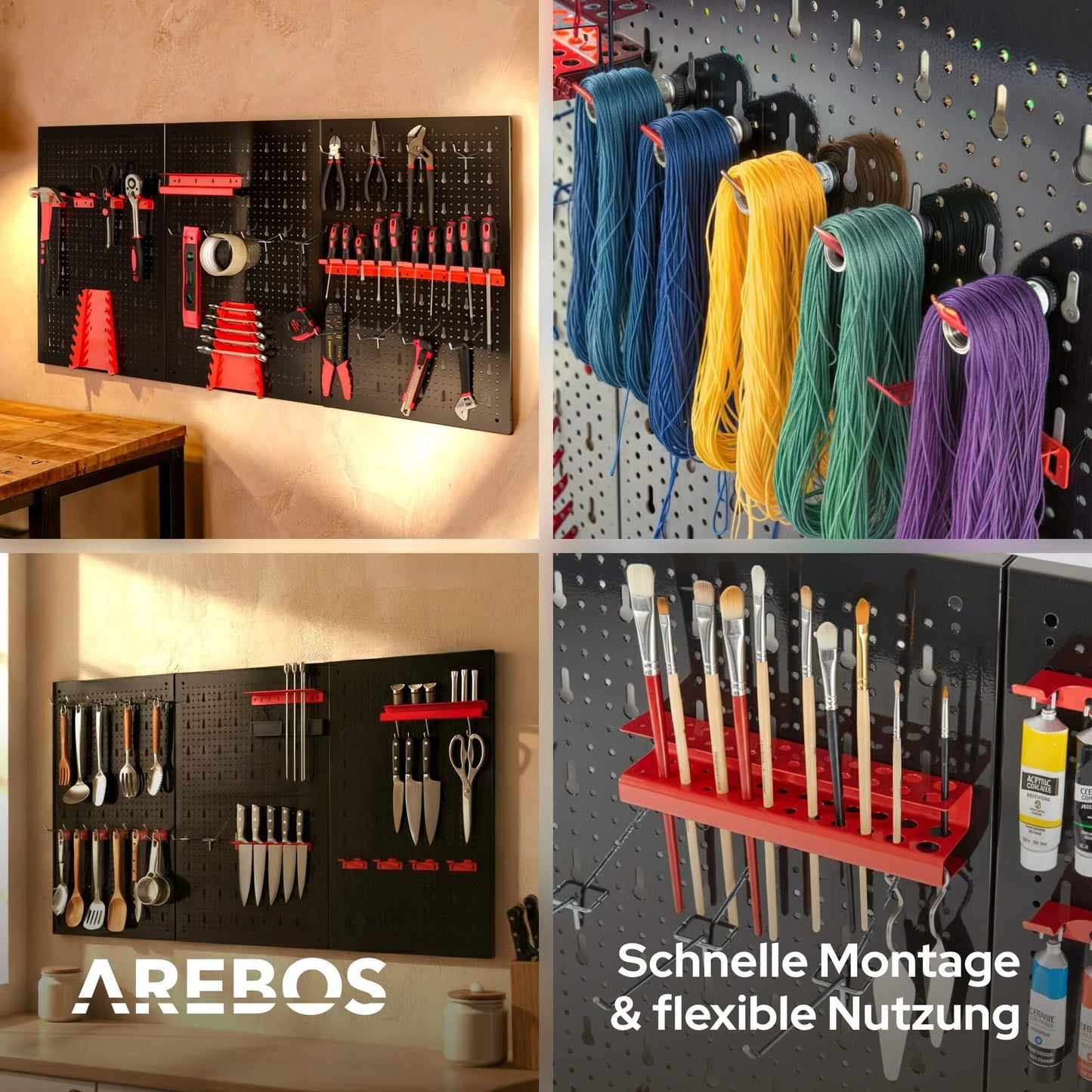 Arebos Tool Wall 3 Panels, 17- Piece Hook Set, 120 x 60 x 2 cm