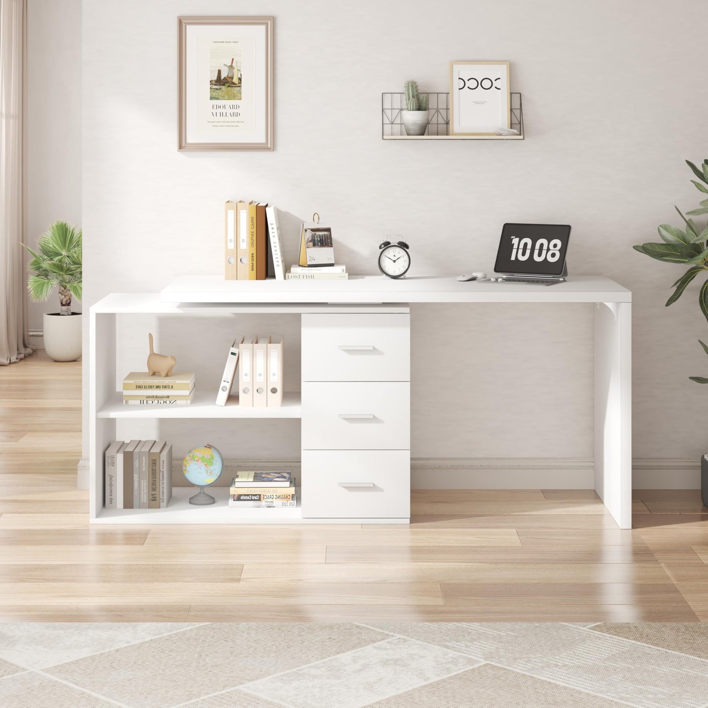 HSH Desk L Shape Modern Corner Desk Computer Desk with 3 Drawers and 2 Shelves Reversible Corner Desk with Storage Space for Home Office Table Desk White 140 cm