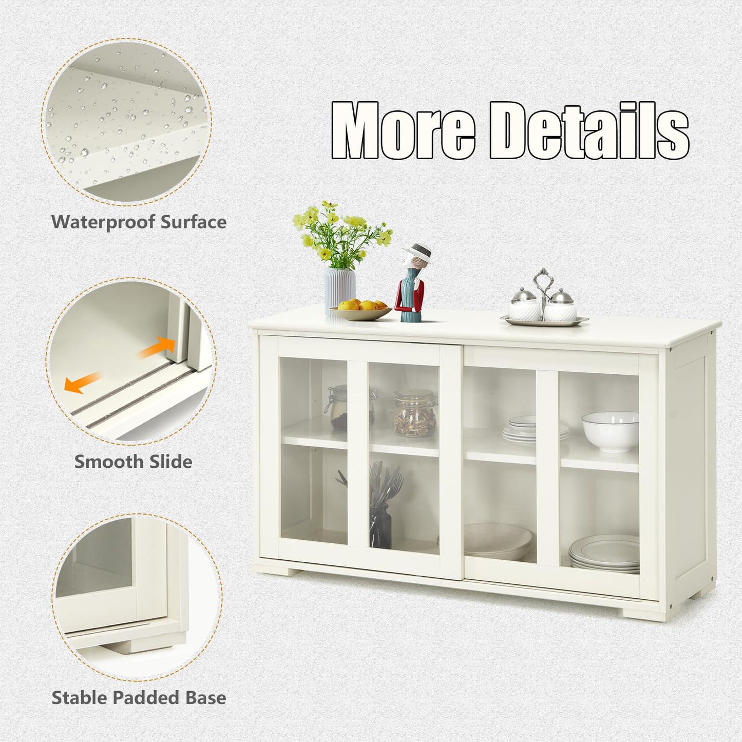 KOMFOTTEU Sideboard Side Cabinet, Kitchen Chest of Drawers with Glass Sliding Doors, Wooden Kitchen Cabinet with Adjustable Shelf, Buffet Cabinet 107 x 33 x 64 cm for Hallway Dining Room (Cream White)