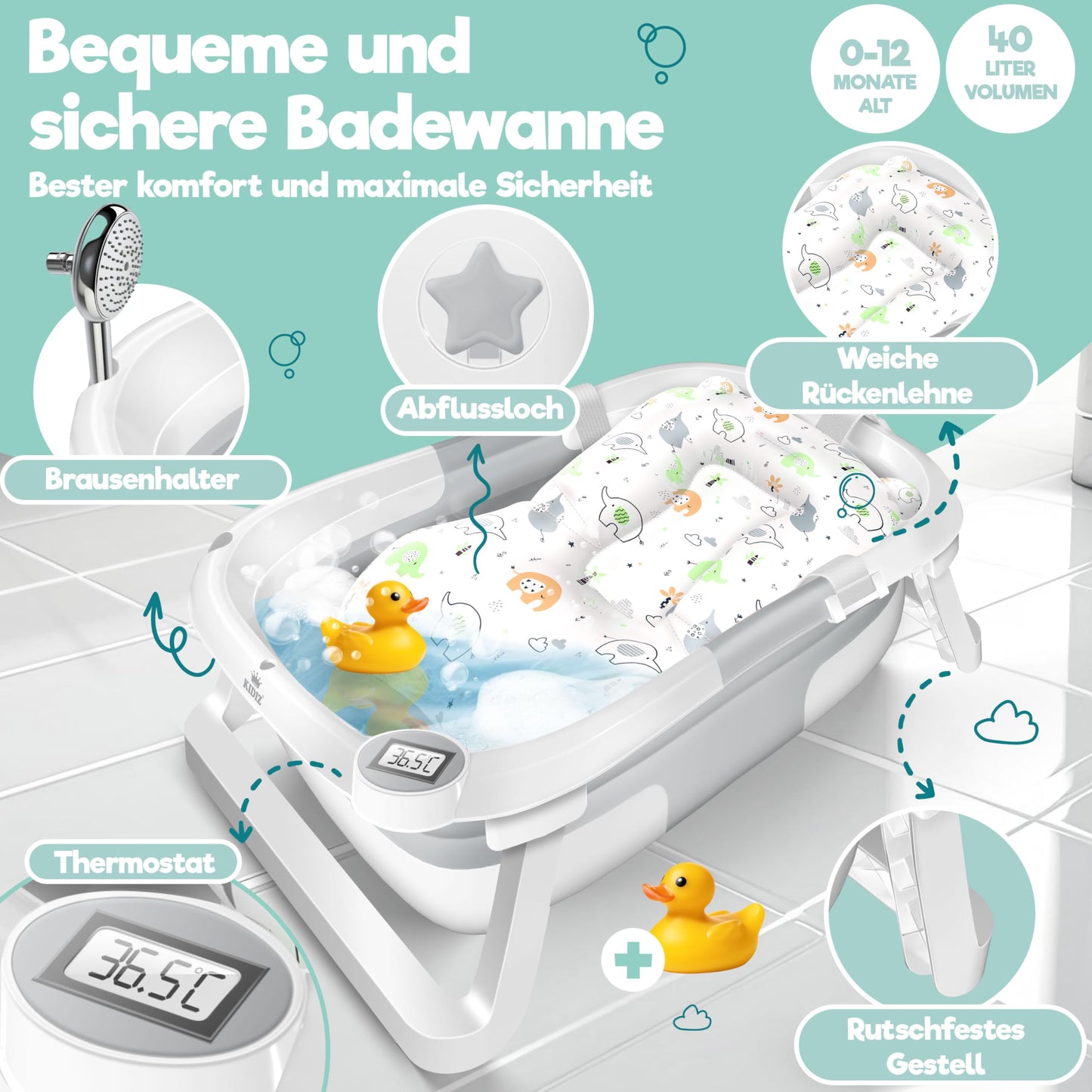 KIDIZ® Baby Bathtub, Baby Bathtub, Space-Saving & Foldable, Bath Tub, Shower Tray for Newborns, Toddlers, 0-24 Months, Portable Travel Shower for Babies, Ergonomic Bathtub with Thermostat and