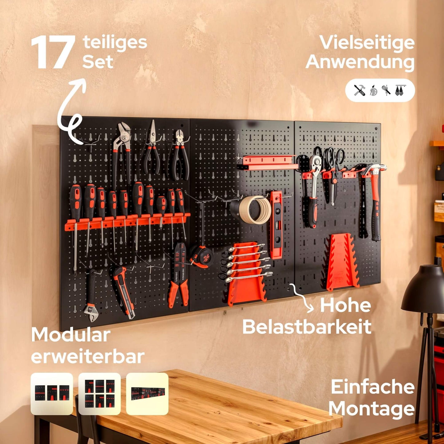 Arebos Tool Wall 3 Panels, 17- Piece Hook Set, 120 x 60 x 2 cm