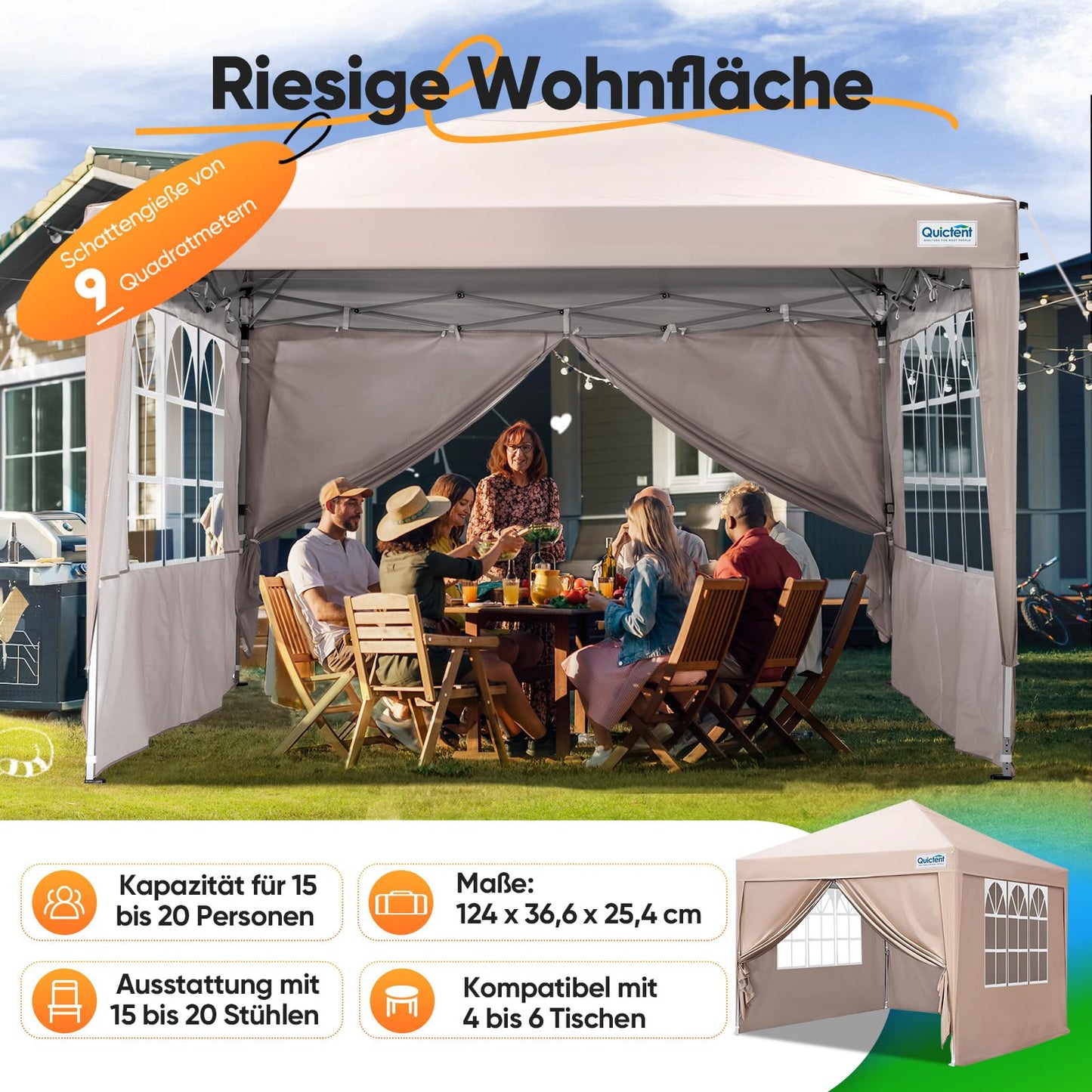 Quictent Gazebo 3 x 3 Folding Gazebo with 4 Side Panels, Waterproof Garden Gazebo (Khaki)
