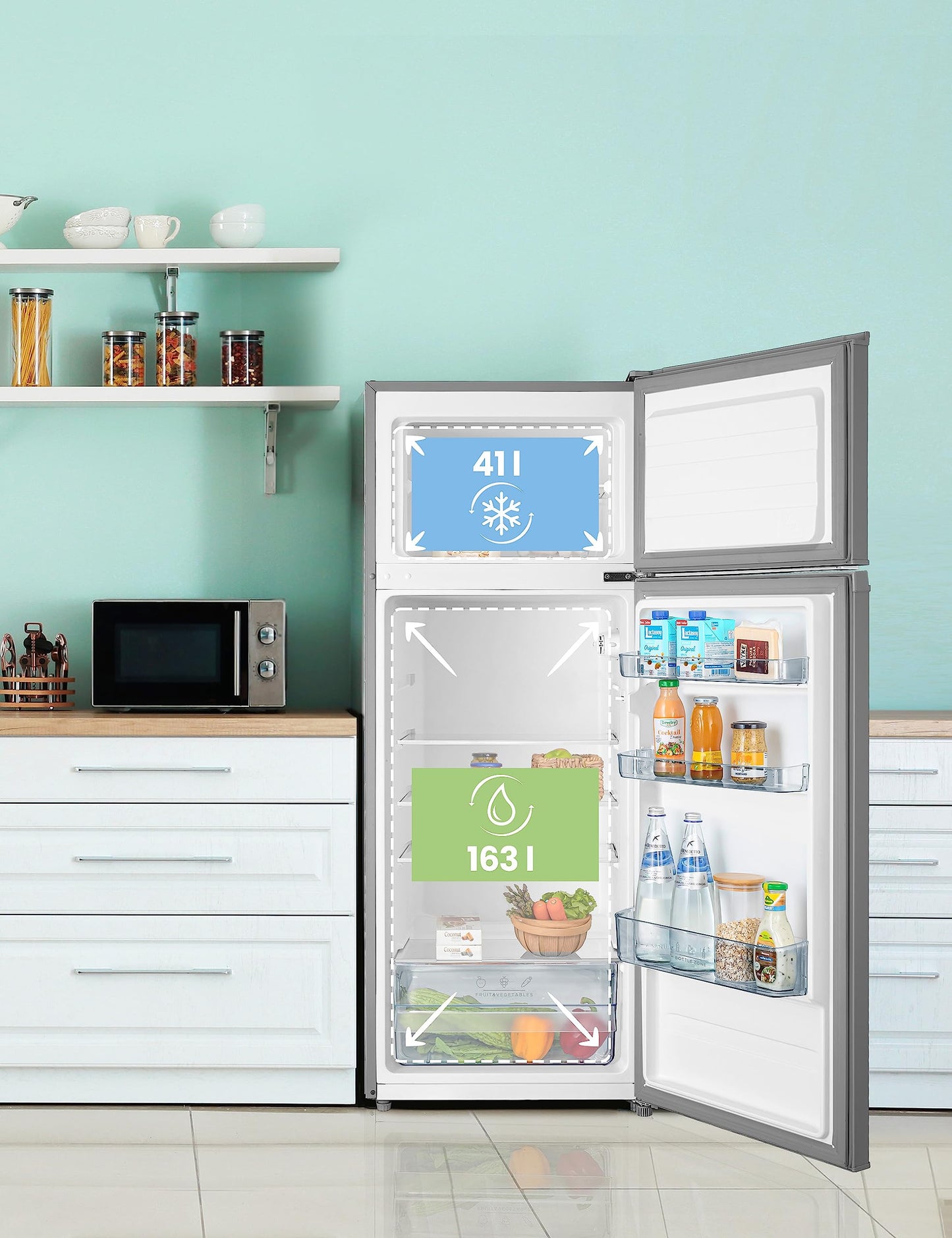 Comfee RCT284DK2A Fridge/Freezer, Top Freezer Compartment, 176 kWh/Year, 143 cm Height, LED Light, Reversible Door Hinge, Black