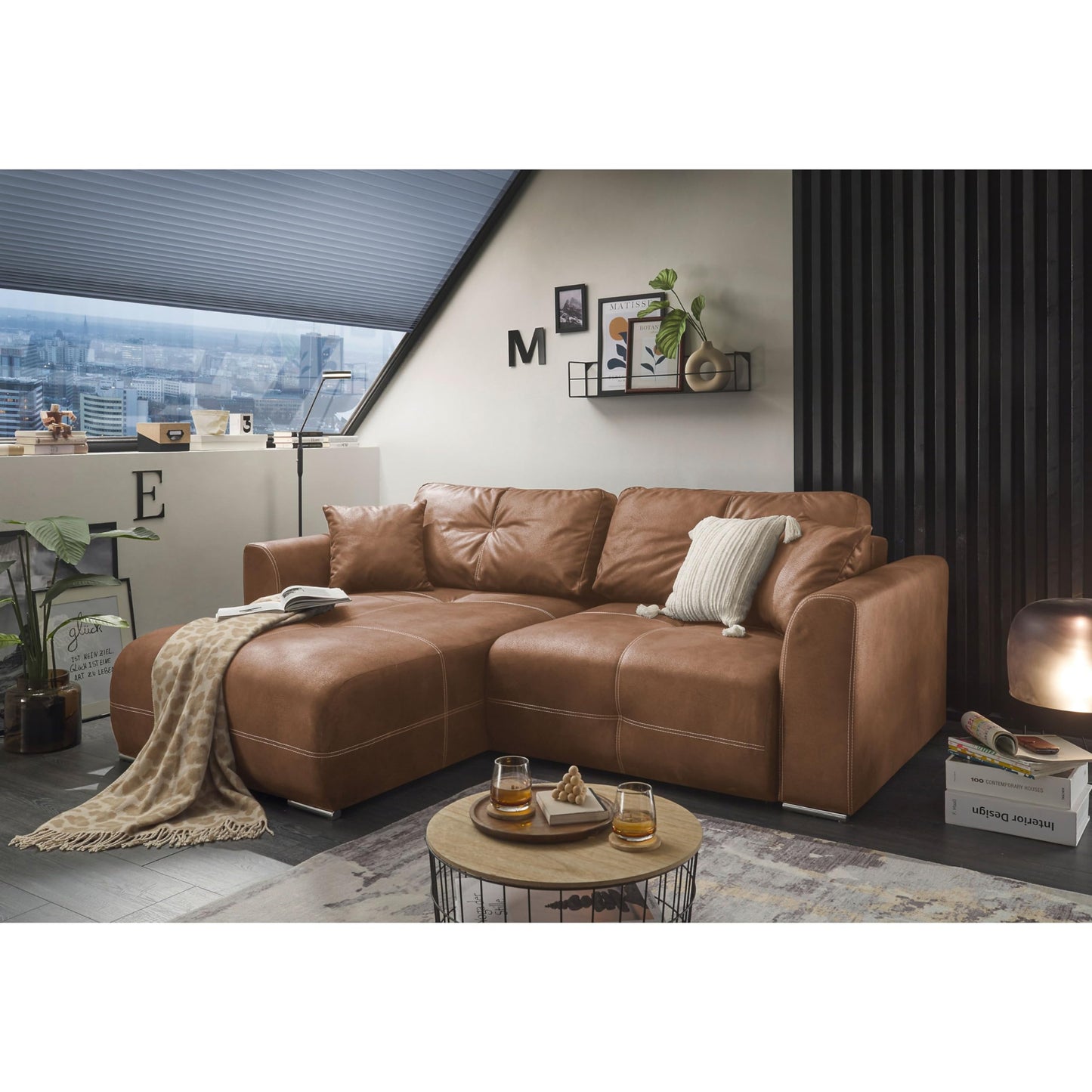 Dolan Comfortable Sofa Bed in Leather Look with Bed Box, Light Brown, Extendable Sofa with Sleep Function, 245 x 85 x 115 cm (W x H x D)