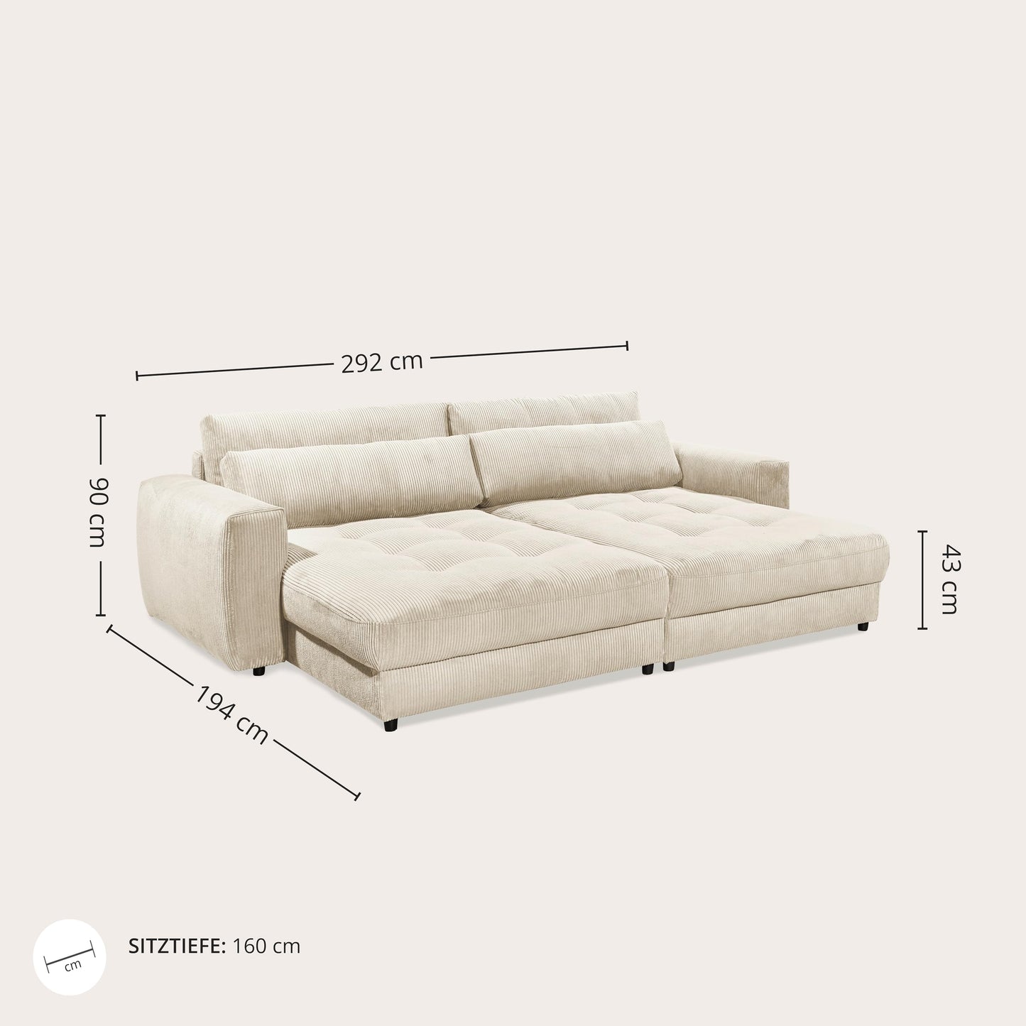 Barura Big Sofa in Corduroy Look, Ash - Comfortable Living Room Couch with Large Lying Surface - 292 x 90 (74) х 194 cm (W x H x D)