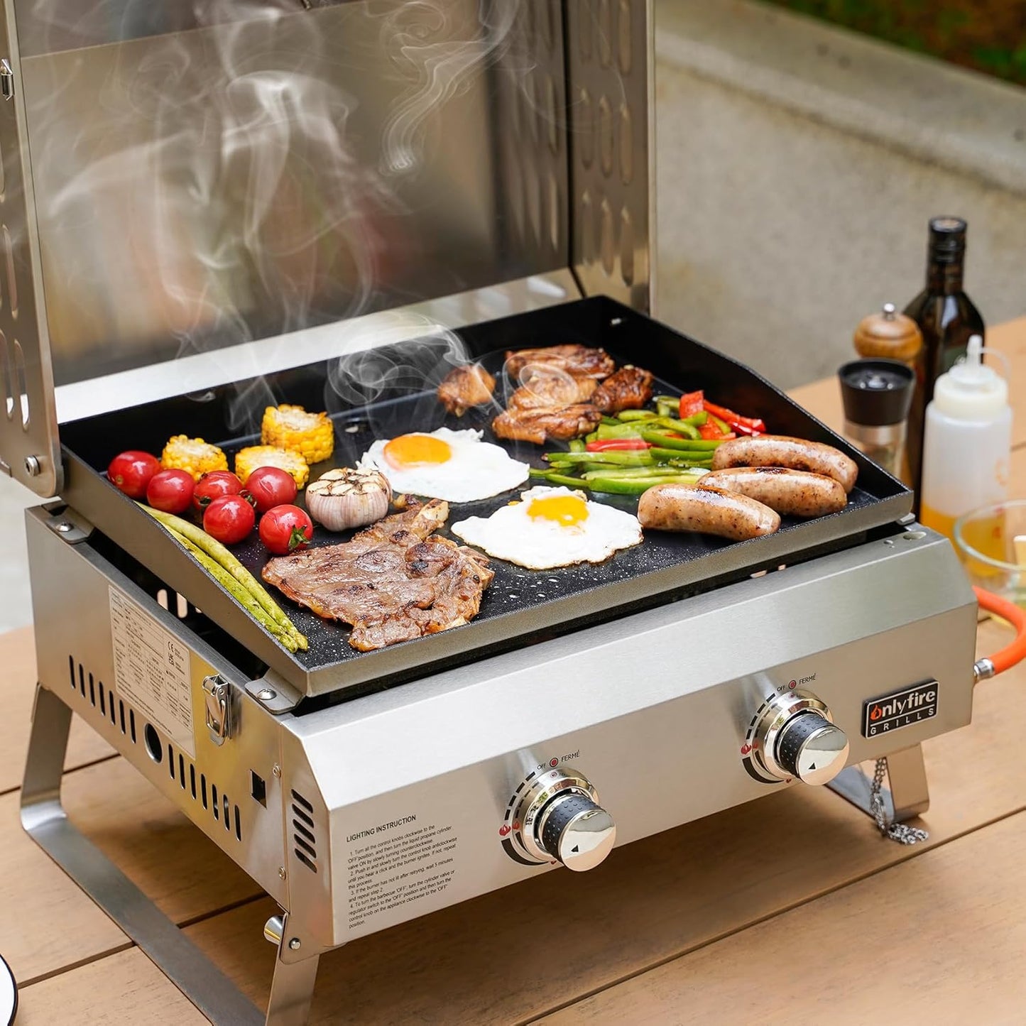 Onlyfire 2-Burner Gas Barbecue Small Stainless Steel 4.7 kW with Foldable Trolley, Side Shelves and Grill Grate, Garden Grill, Outdoor Gas Grill for Balcony Camping