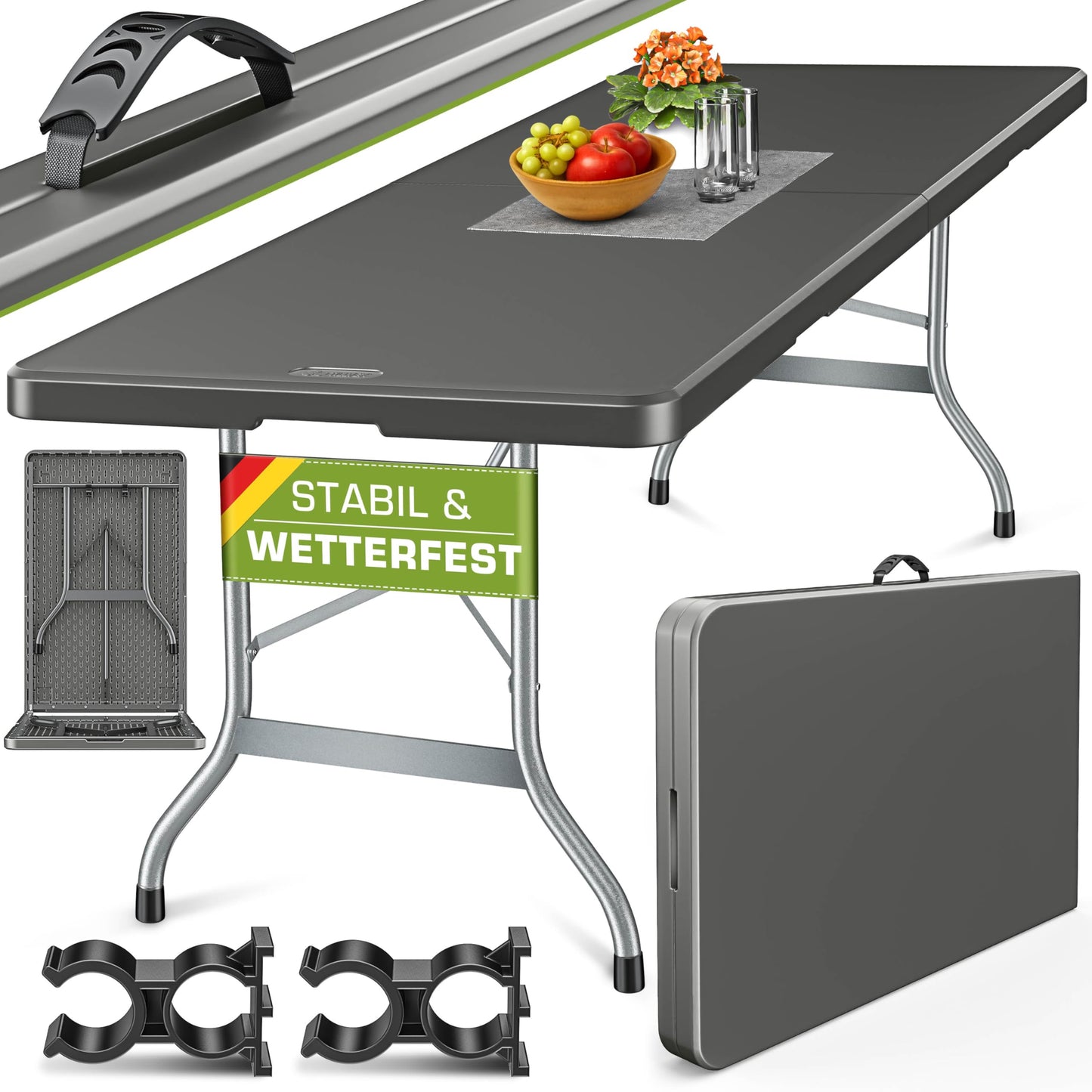 tillvex Garden Table 180 x 75 cm Foldable Plastic Buffet Table with Carry Handle Folding Table for Garden Patio and Balcony Camping Table 8 People