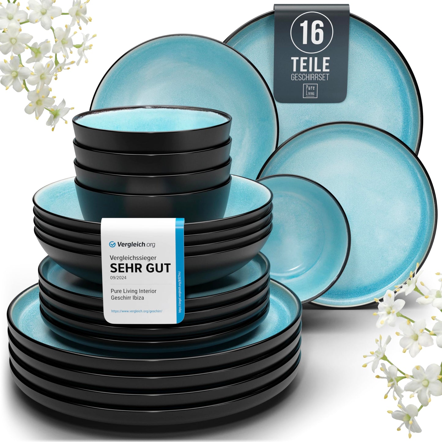 Ibiza Stoneware Crockery Set for 12 People, 48 Pieces, Test Winner, Dreamlike Mediterranean Stoneware Crockery Set, Bowl and Plate Set, Dinner Service for 12 People, Pure Living Crockery Sets in Deep