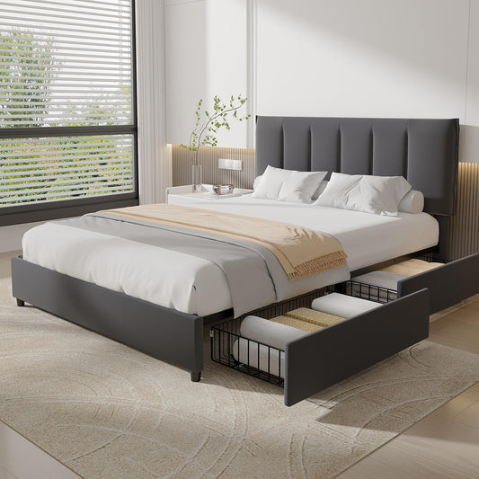 VECELO Upholstered Bed 140 x 200 cm Double Bed with 4 Storage Drawers and Height-Adjustable Headboard, Padded Bed Frame with Slatted Frame and Storage Space, Velvet, Without Mattress, Grey