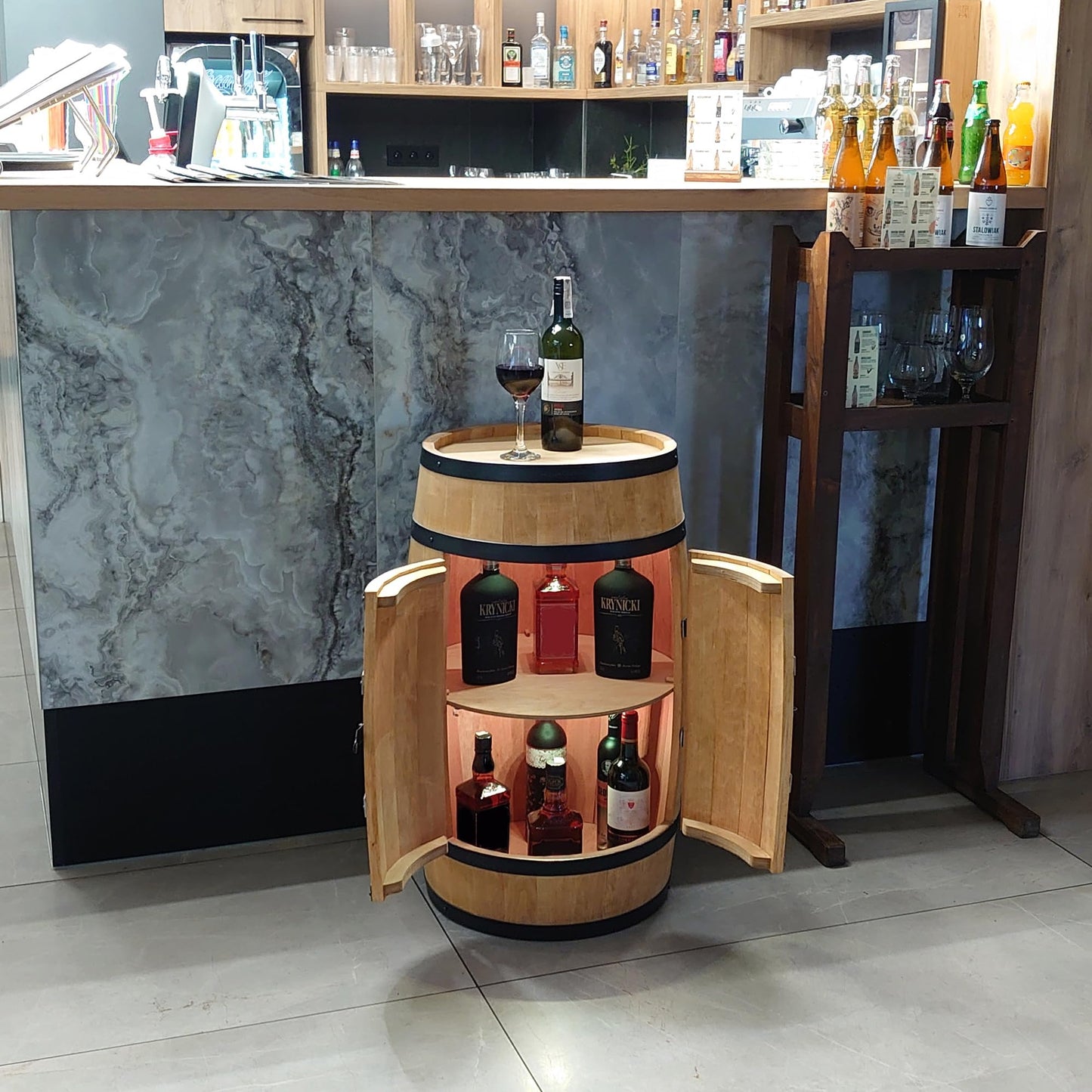 CREATIVE COOPER Wooden Wine Rack with Door with LED - Alcohol Cabinet Bottle Rack Wood - Wooden Barrel - Barrel Furniture - Wine Stand - Wine Barrel - Wine Bar - Barrel Bar with Door - Mini Bar 80 cm