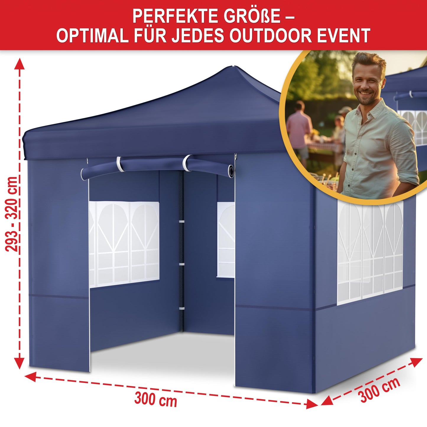 Gazebo - 3 x 3 m - Large Entrance - Waterproof - Pop Up Frame - Side Walls with 3 x 3 Windows - Additional with Bag - Foldable Outdoor Gazebo Folding Gazebo (Grey)