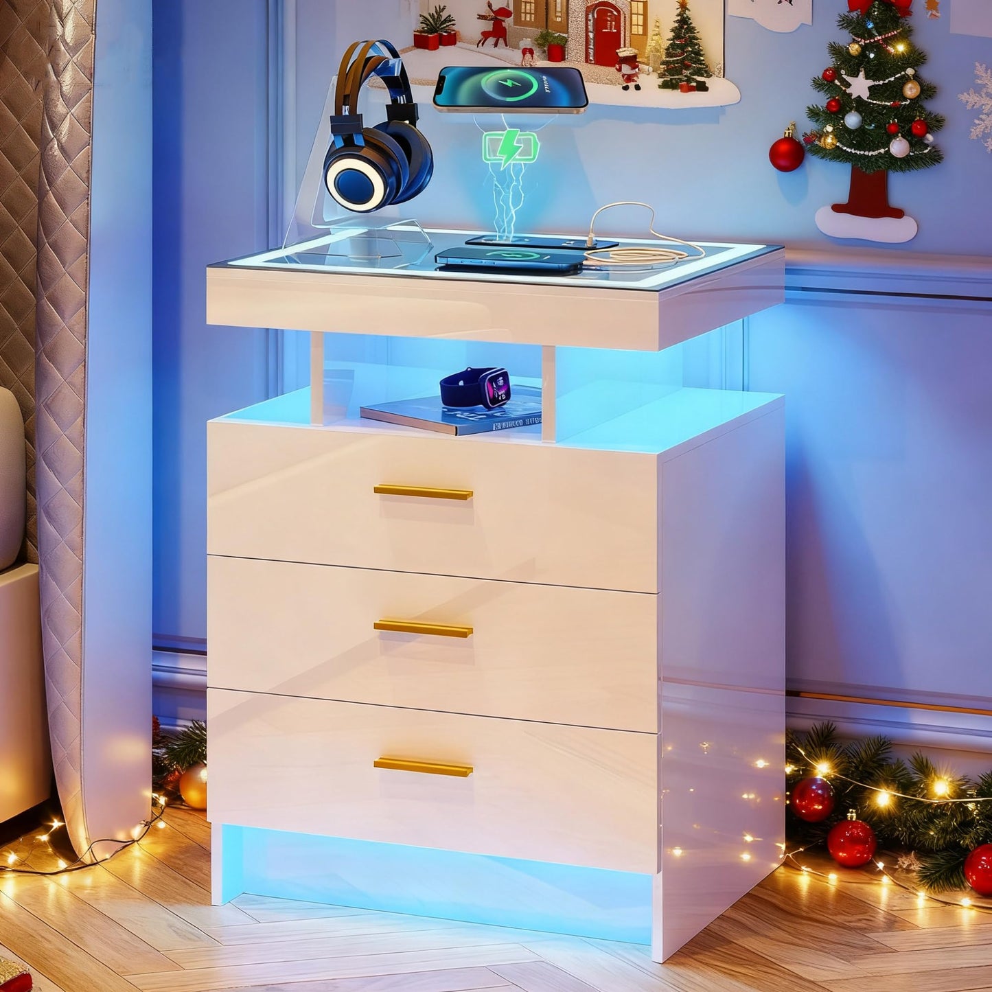 Lvifur LED Bedside Table with Charging Function, Smart Bedside Cabinet with 3 Lights, Dimmable, High Gloss Sideboard with 3 Drawers, USB Type-C Automatic Sensor, Bedroom, White