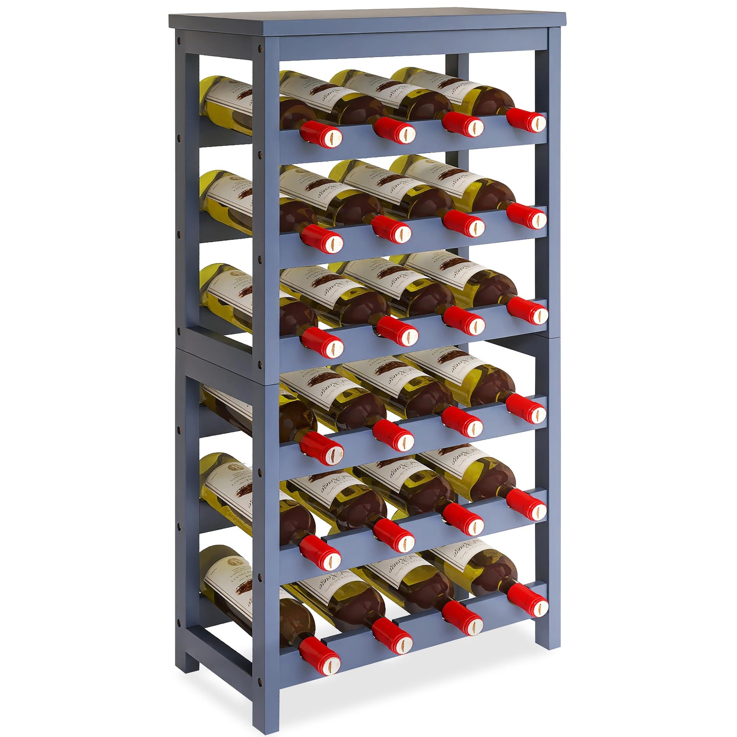 24 Bottle Wine Rack Freestanding Base, 6 Tier Wine Display Storage Shelves with Table Top, Bamboo Wine Bottle Holder Stand with Wave Bars for Kitchen, Dining Room, Pantry, Black