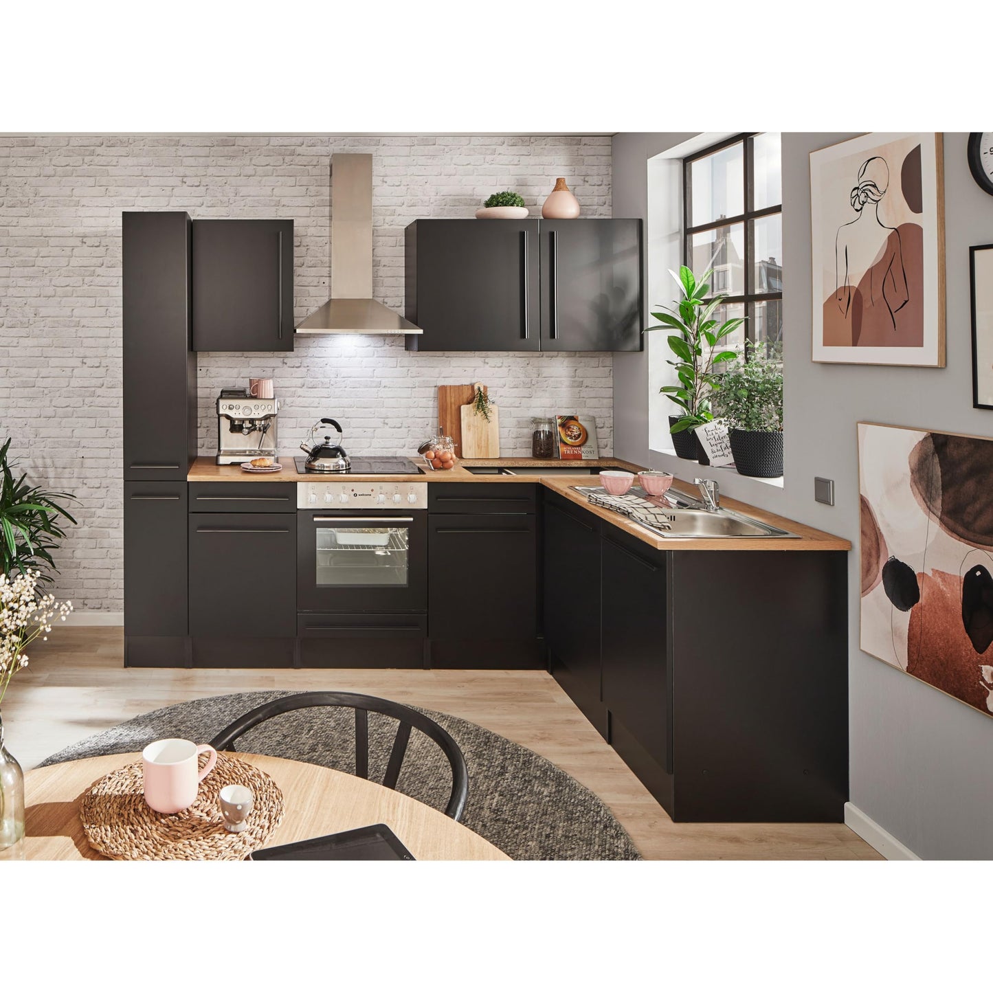 Jazz 8 Modern Corner Kitchen without Electrical Appliances in White High Gloss, Metallic Grey - Spacious Kitchen Unit in L-Shaped with Lots of Storage Space - 220 x 211 x 60 cm (W x H x D)