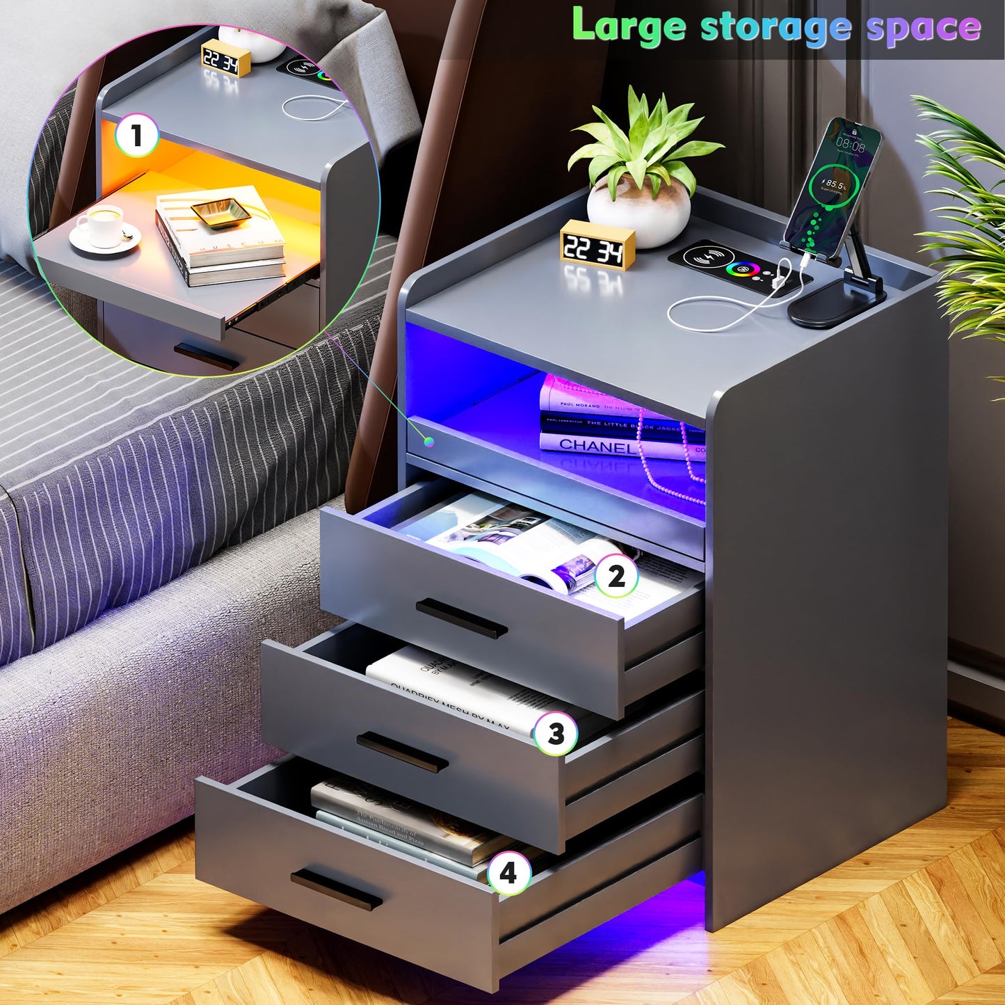 Lvifur Bedside Cabinet Set of 2 with Lighting, LED Bedside Table with Charging Function, 24 Colours Dimmable, Sideboard with 3 Drawers, USB Type-C Automatic Sensor, Bedroom, Grey