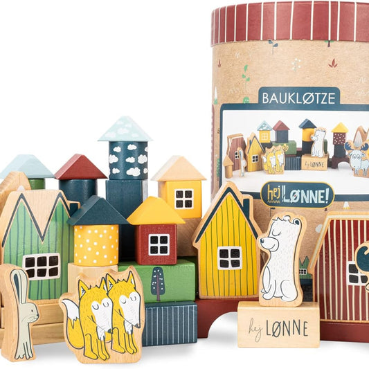 HEJ LØNNE Children's 56-Piece Wooden Building Blocks Set in Box, Motor Skills Toys, Wooden Toys for Children from 1 Year