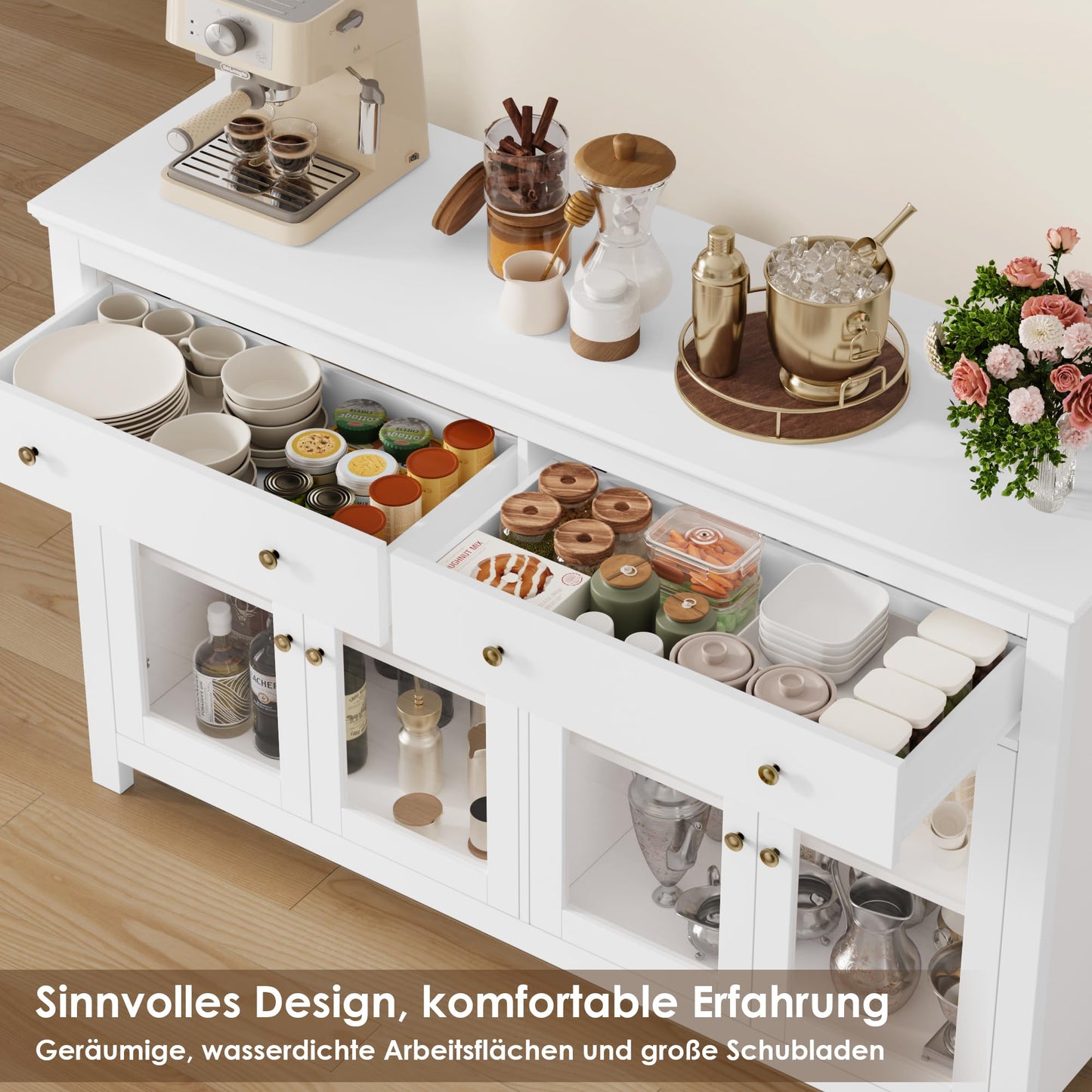 FirFurd Sideboard 140 cm Wide Kitchen Cabinet with Worktop Sideboard for Kitchen Living Room Buffet Cabinet with 2 Drawers and 4 Glass Doors Kitchen Buffet with Adjustable Shelf 140 x 90.7 x 40 cm