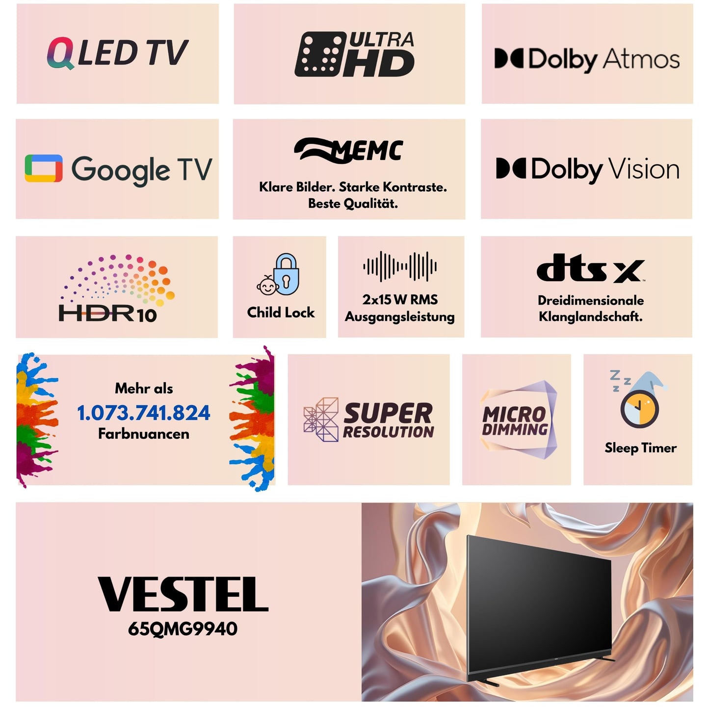 Vestel Fernseher 50 Zoll Smart TV Powered by TiVo, 4K UHD Fernseher mit Dolby Vision HDR, Dolby Atmos und integriertem Triple-Tuner, LED TV 50UT9740 schwarz