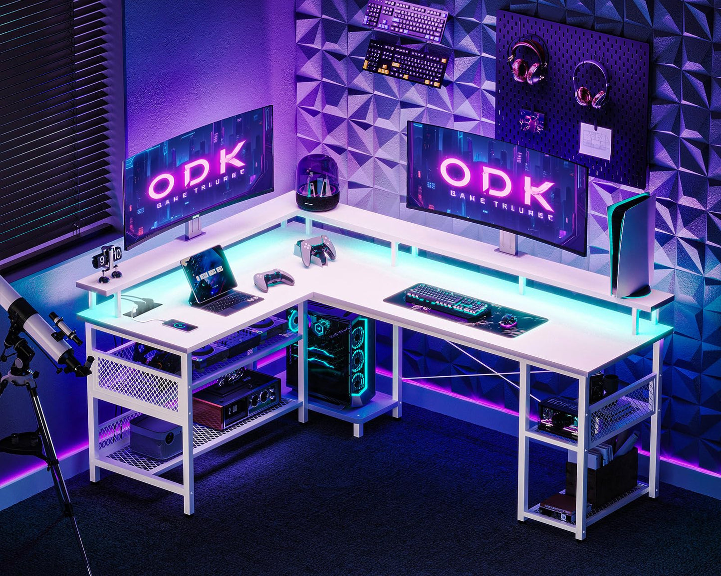 ODK Gaming Table with LED, Reversible Gaming Desk with 2 Sockets and 2 USB Charging Ports, Large Corner Desk with Mesh Shelf, Carbon Fibre Black, 168 x 120 cm