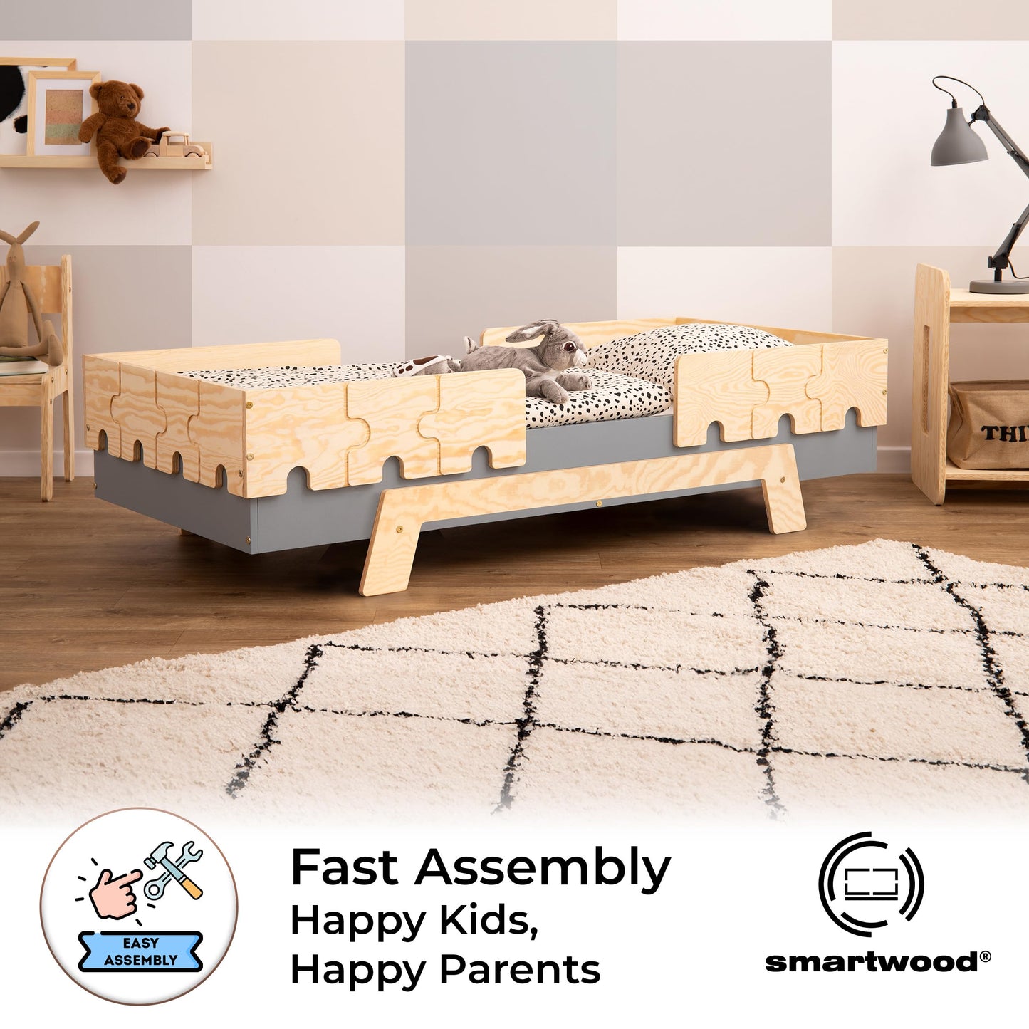 smartwood Kinderbett mit Lattenrost und Rausfallschutz Puzzle BR2 Montessori einzelbett für Jungen und Mädchen - Bett aus Kiefer Sperrholz mit Rausfallschutz und Lattenrost - Grau - 90x200 cm