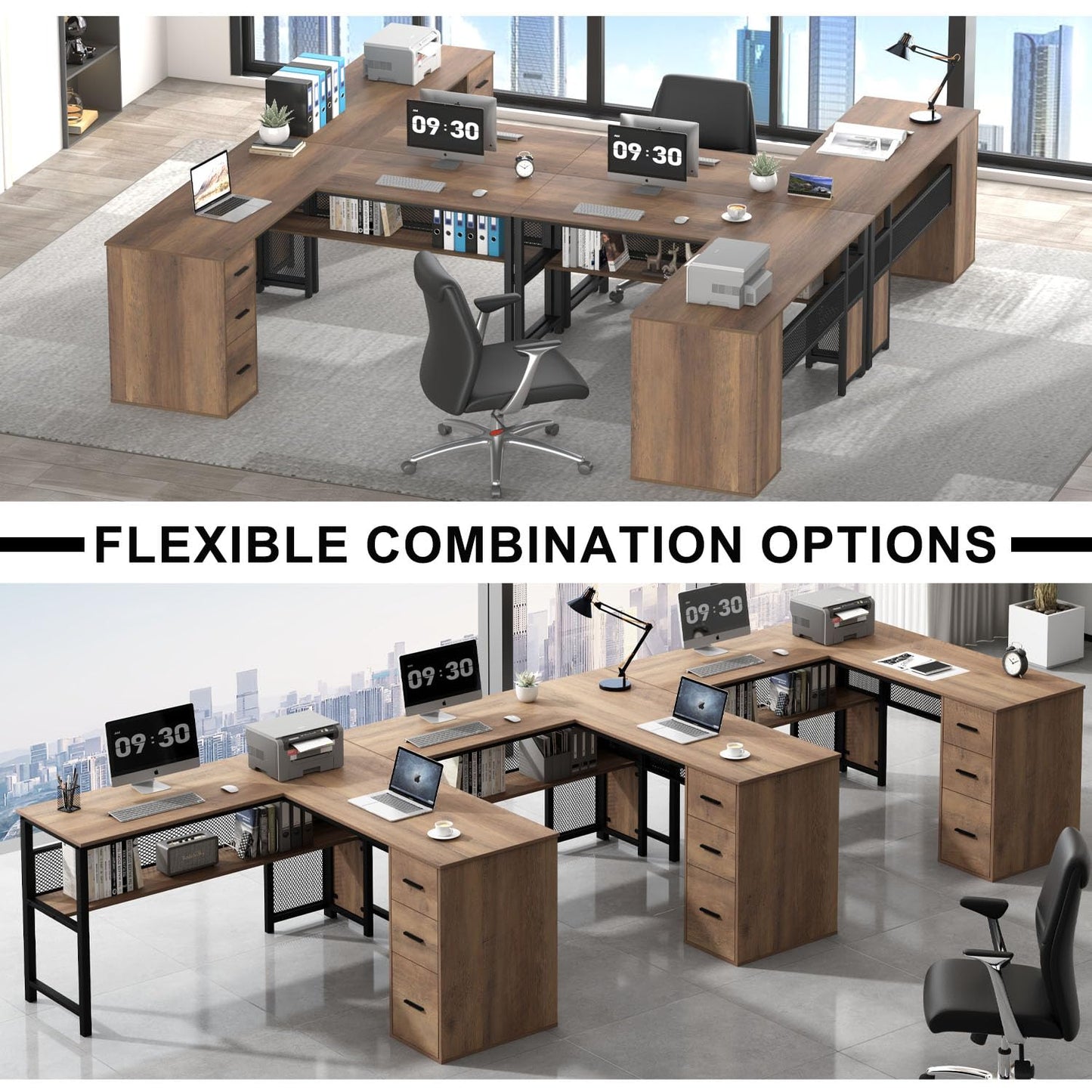 LVB White L Shaped Corner Desk with Drawers, Reversible Modern L Shaped Computer Desk with Storage Cabinets, Large L Shaped Wooden L Shaped Desk Metal L Shape