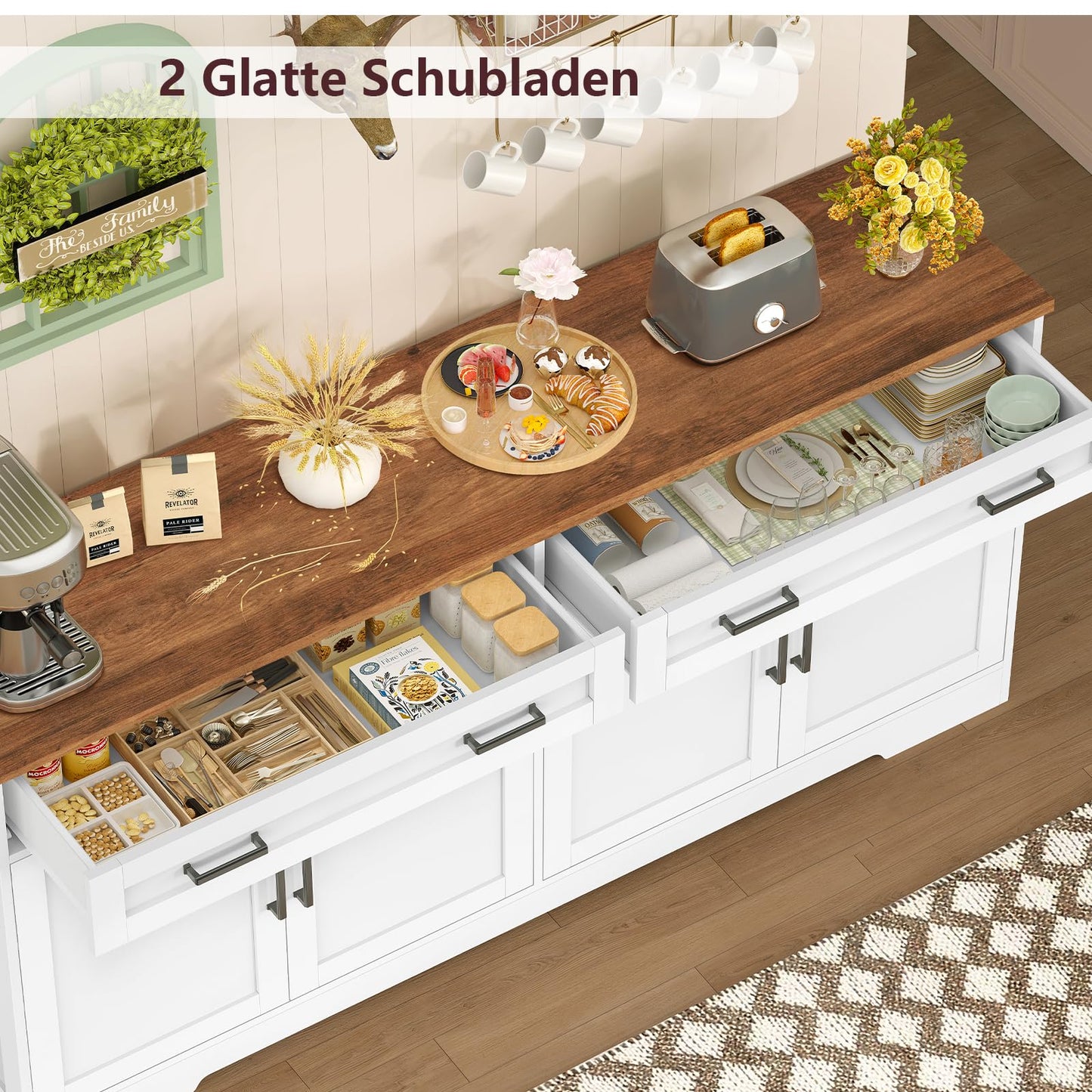 TEENFON 140 cm (W) Sideboard, 80 cm (H) Kitchen Cabinet with Worktop, Buffet Cabinet with 2 Drawers & Adjustable Shelves, Kitchen Unit for Kitchen, Living Room & Hallway - 140 x 40 x 80 cm - White