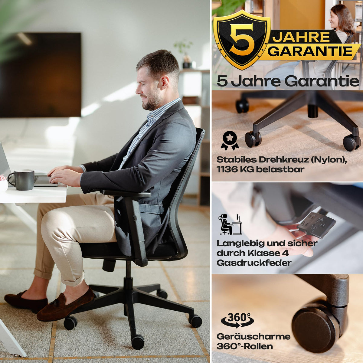 M2 Ergonomic Office Chair, Test Winner with Adjustable Armrest without Headrest for Maximum Freedom of Movement, Back-Friendly, Comfortable Desk Chair for Office and Home Office Chair