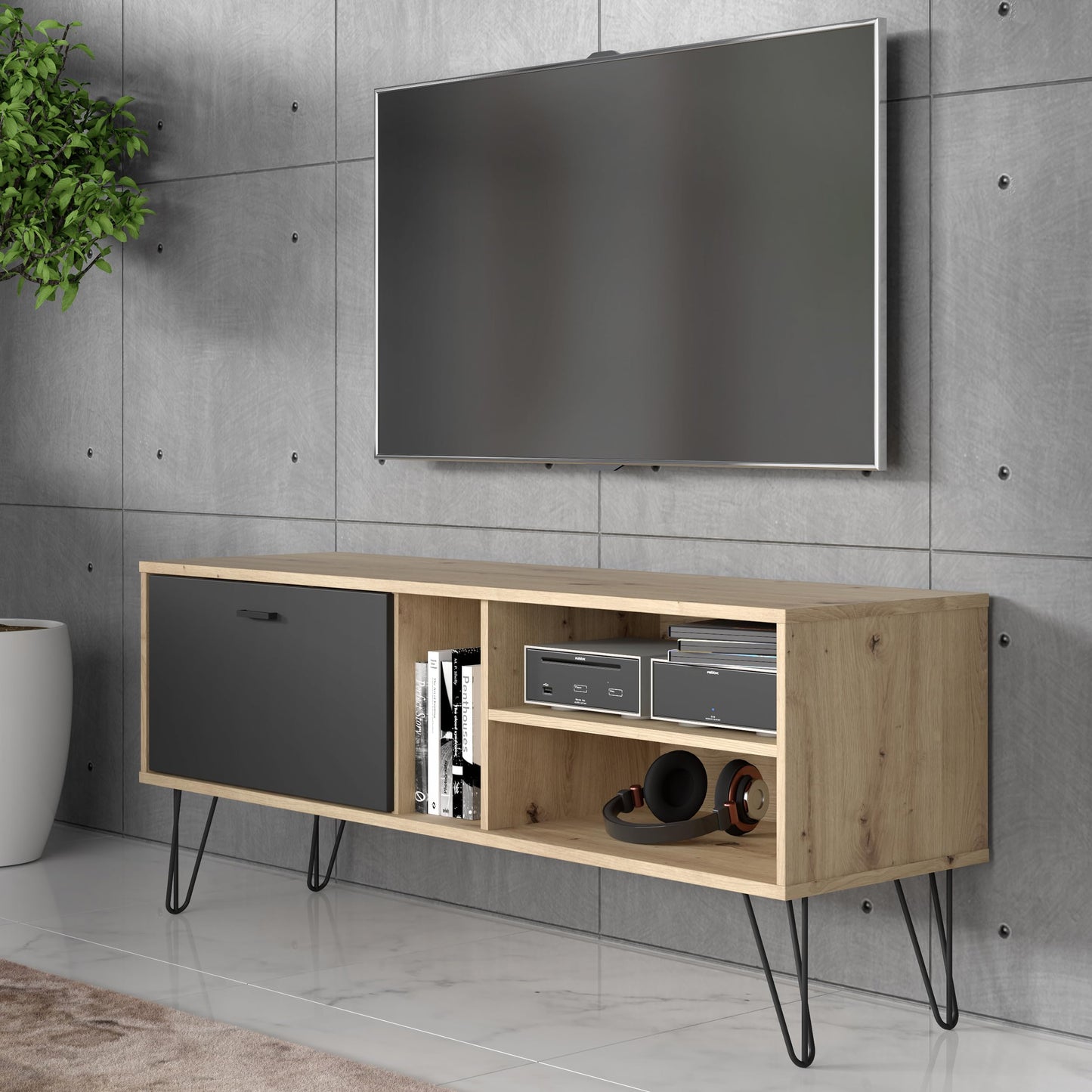 Forte TREBBIA TV Cabinet 150 160 Modern Cabinet with 2 Drawers Lowboard TV Rack Wood Composite Concrete Look Dark Grey/White High Gloss 152.7 cm Wide x 46.7 cm High x 51.7 cm Deep