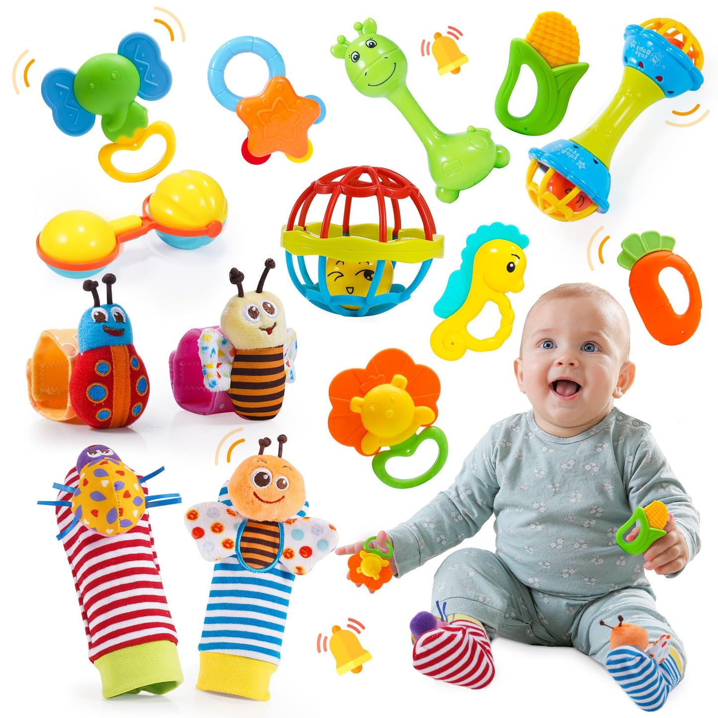 Wootoyz Baby Spielzeug 0-12 Monate, 14 Pcs Rasseln Beißring Set Babies Spielzeug ab 0 3 6 9 Monate Baby Geschenk Junge Mädchen Montessori Spielzeug ab 0-12 Monate Neugeborenen Geschenk Geburt