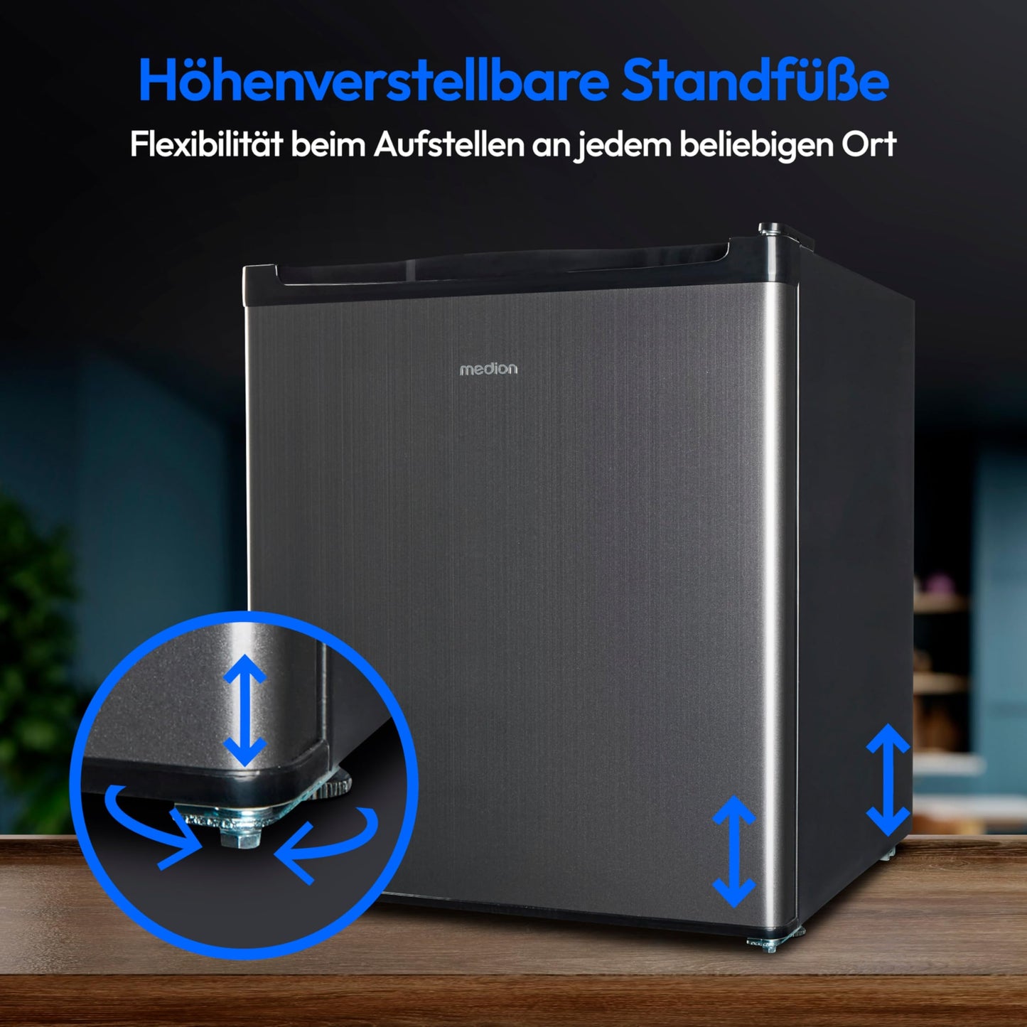 MEDION MD37724 Mini Fridge with Freezer (Small, Quiet, 41L Small Fridge for Office, Hotels, Mini Bar, Camping Gaming, Drinks Fridge, Food & Ice Cream, Interchangeable Door Hinge, Grey