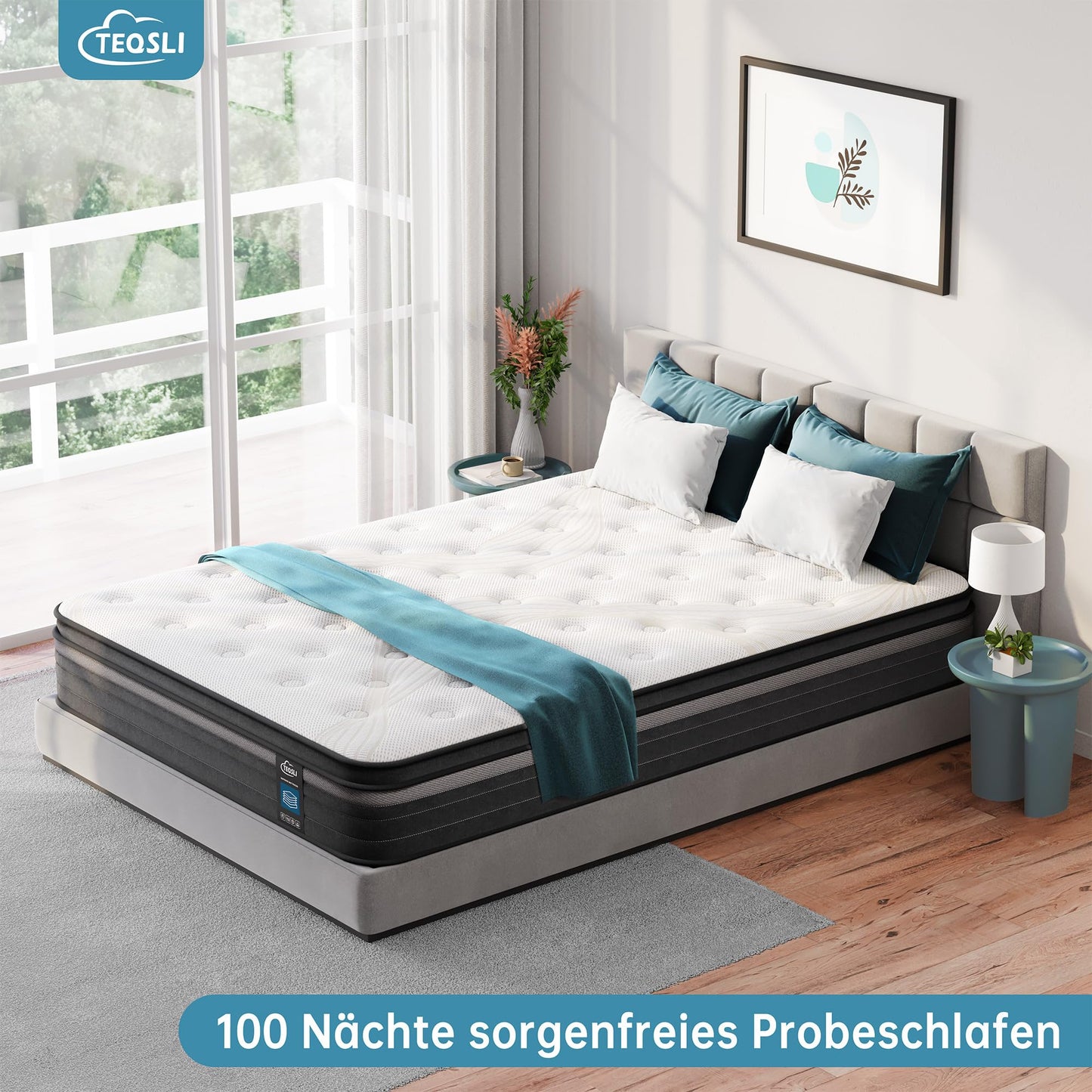 TeQsli Gel Pocket Spring Mattress 180 x 200 cm 25 cm Height 9-Zone Mattress H3 H4 Hardness Orthopaedic & Ergonomic Spring Mattress with Gel Memory Foam, Oeko-Tex & CertiPUR Certified