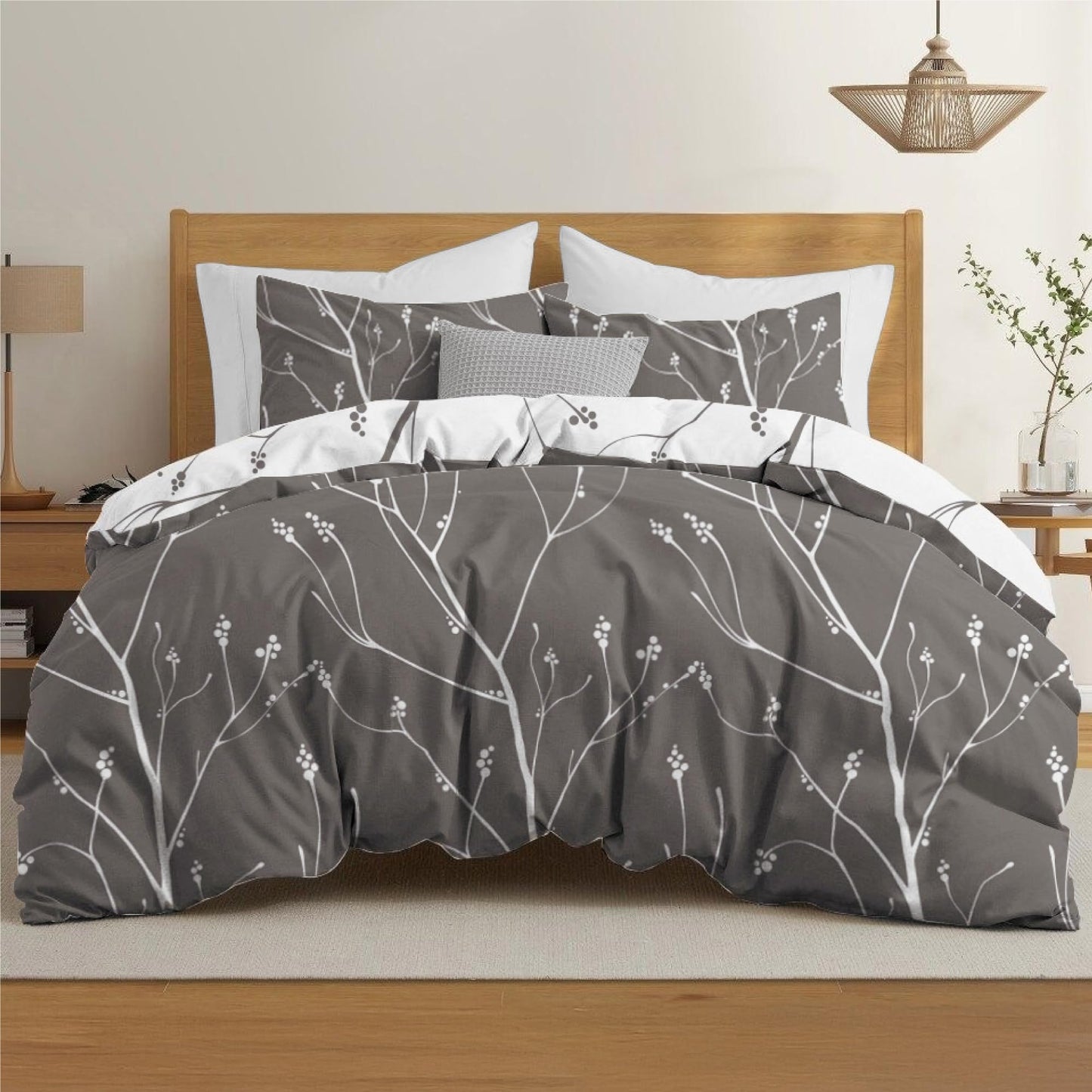 Dreamzie Bed Linen Set 155 x 220 cm with 2 Pillowcases 80 x 80 cm, Botanic Motif Sage Green, Adult Bed Linen, 155 x 220 cm, Made of 100% Microfibre, Certified, No Chemicals (OEKO TEX)