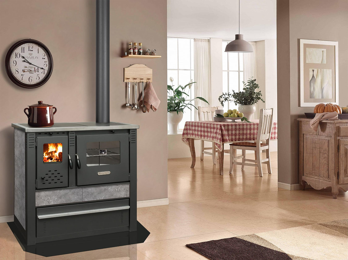 ProTermo Panonia Fireplace in Mocha with Left Flue - 10.54 kW Heating Output - 90 x 51 x 85 cm Wood Stove with Baking Compartment, Thermometer and Hob without Self-Closing Door - Type 2
