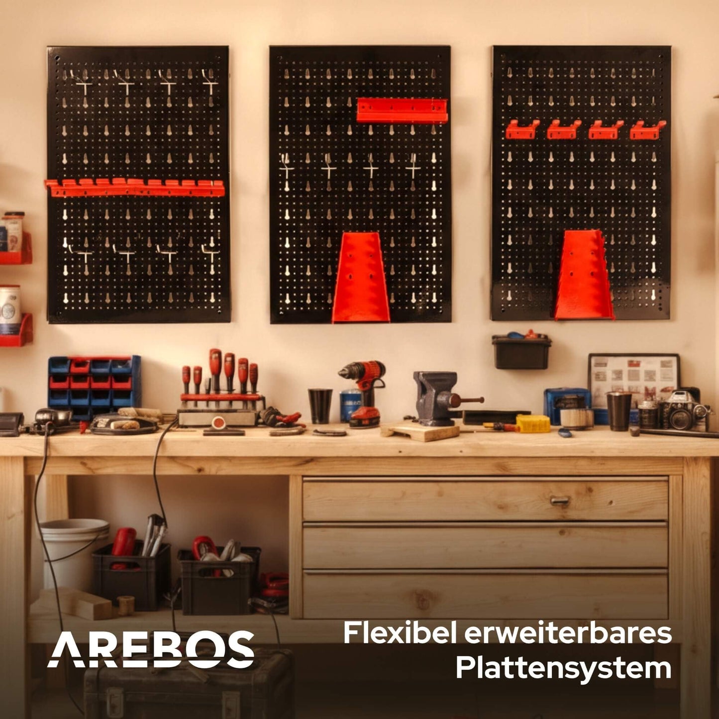 Arebos Tool Wall 3 Panels, 17- Piece Hook Set, 120 x 60 x 2 cm