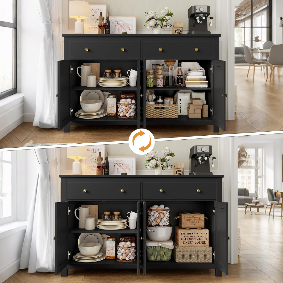 FirFurd Sideboard 140 cm Wide Kitchen Cabinet with Worktop Buffet Cabinet with 2 Drawers 4 Doors Kitchen Buffet with Adjustable Shelves for Living Room Kitchen Dining Room 140 x 40 x 89 cm White