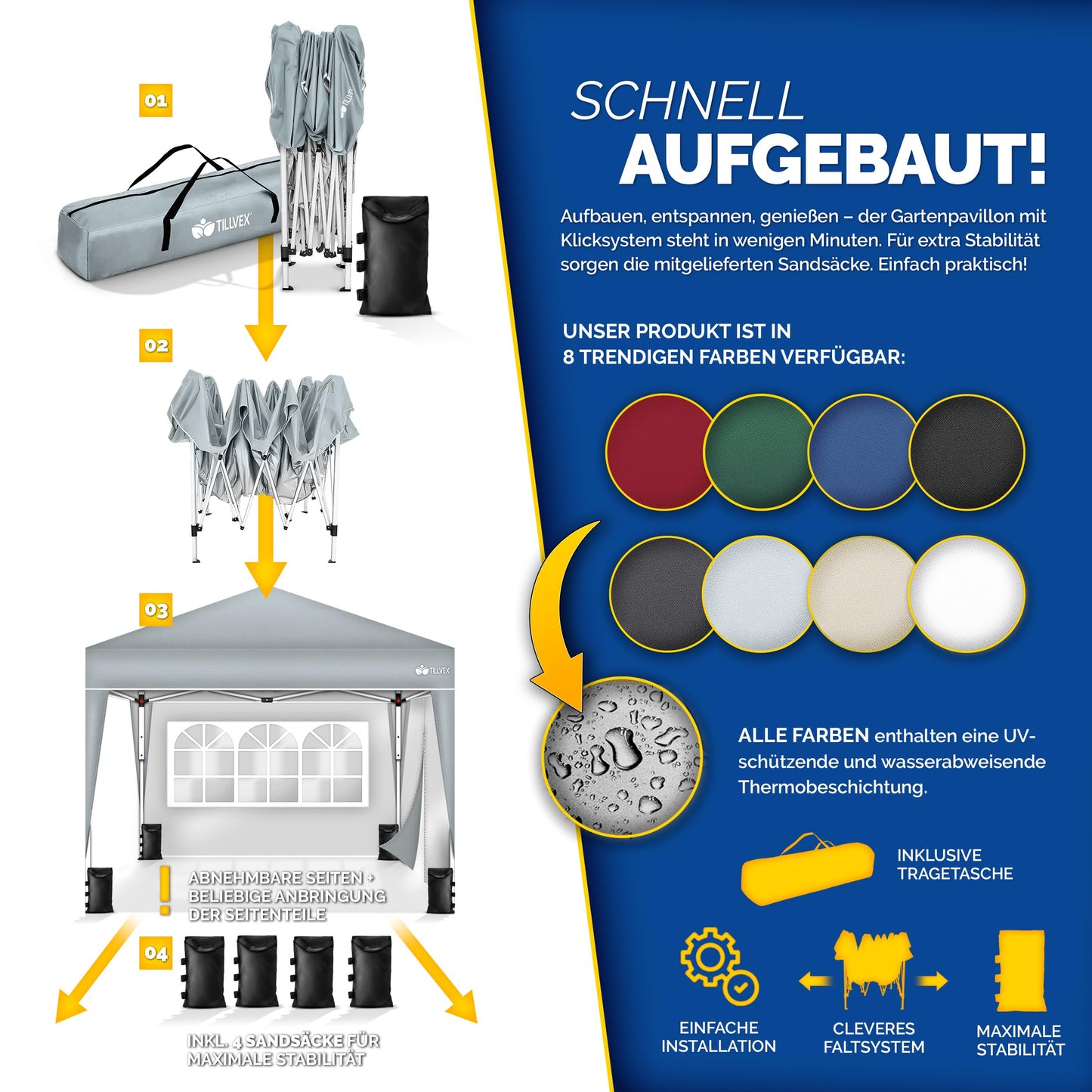 tillvex Gazebo 3 x 3 m Waterproof with 4 Side Panels + Set of 4 Sandbags Pop-Up Folding Gazebo Stable & Height Adjustable Garden Tent UV Protection 50+ Party Tent with Bag for Garden, Grey