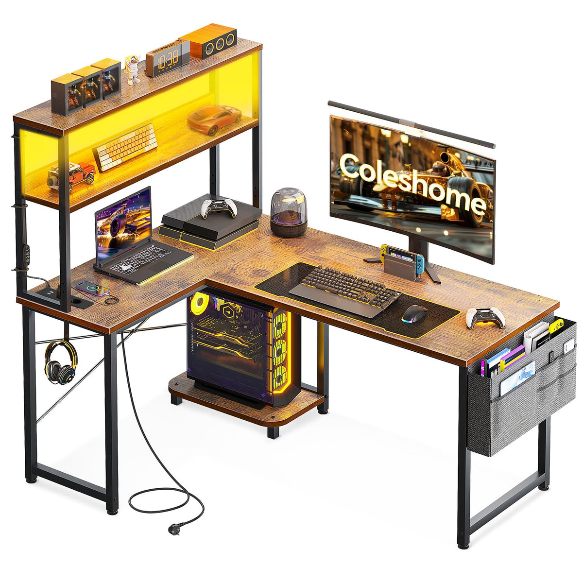 Coleshome Gaming Table L Shape with LED & Sockets, 135 × 100 cm Reversible Gaming Desk with Storage Shelves, Corner Desk with Storage Bag for Home Office and Gaming, Black