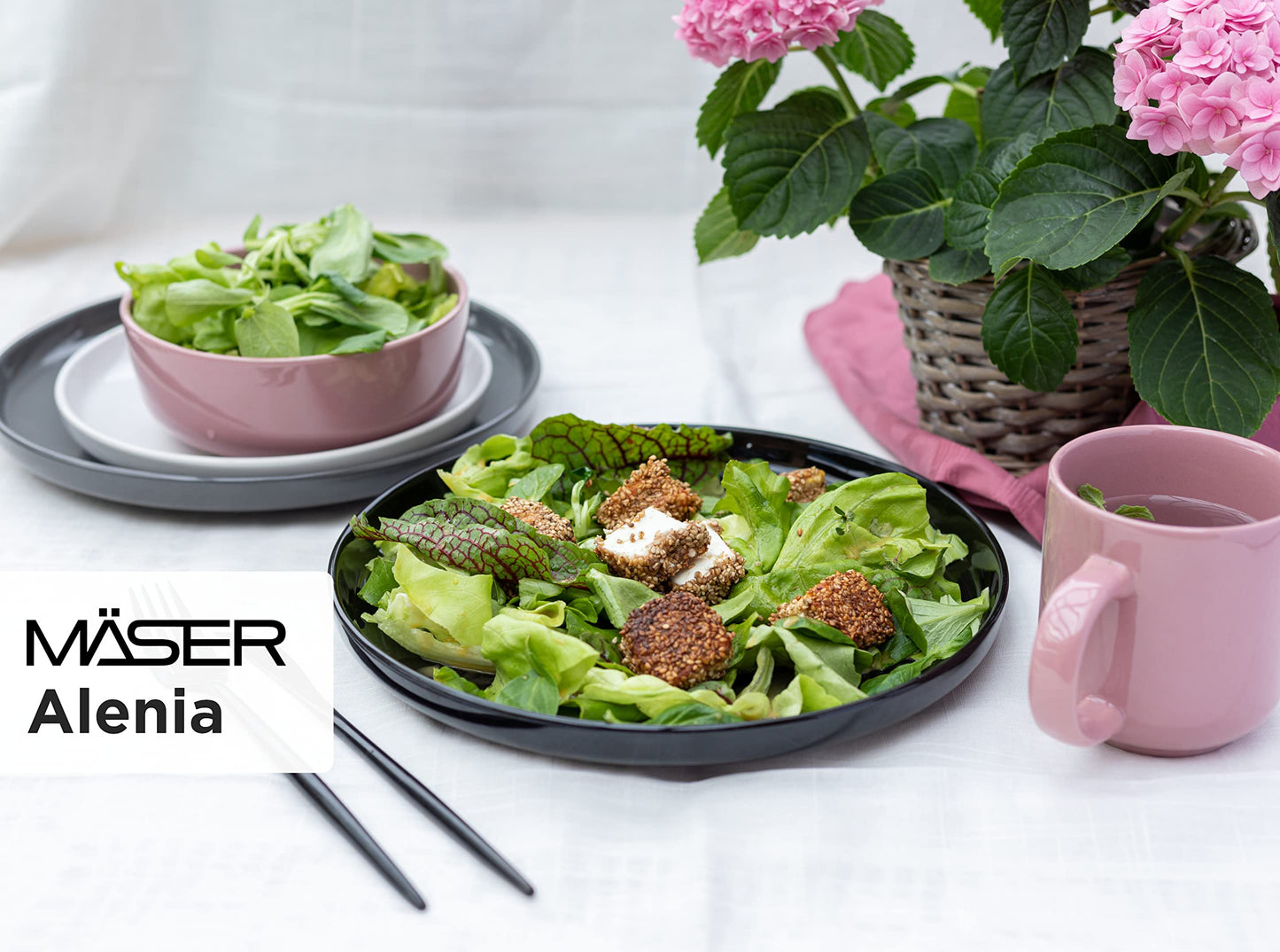 MÄSER 934005 Alenia Series Crockery Set for 4 People in Modern Scandinavian Design, 16-Piece Ceramic Crockery Set in Pink, Stoneware