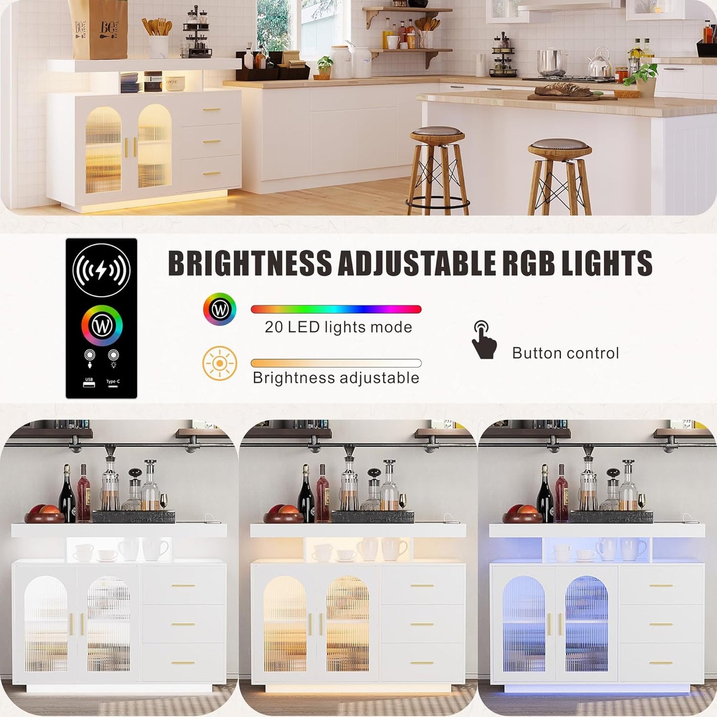 FREDEES Kitchen Cabinet Sideboard with 3 Drawers, Buffet Cabinet with Auto Sensor, 20 Colour Lights, Console Table with Charging Station, Touch Control Console, Coffee Bar Table for Kitchen, Dining