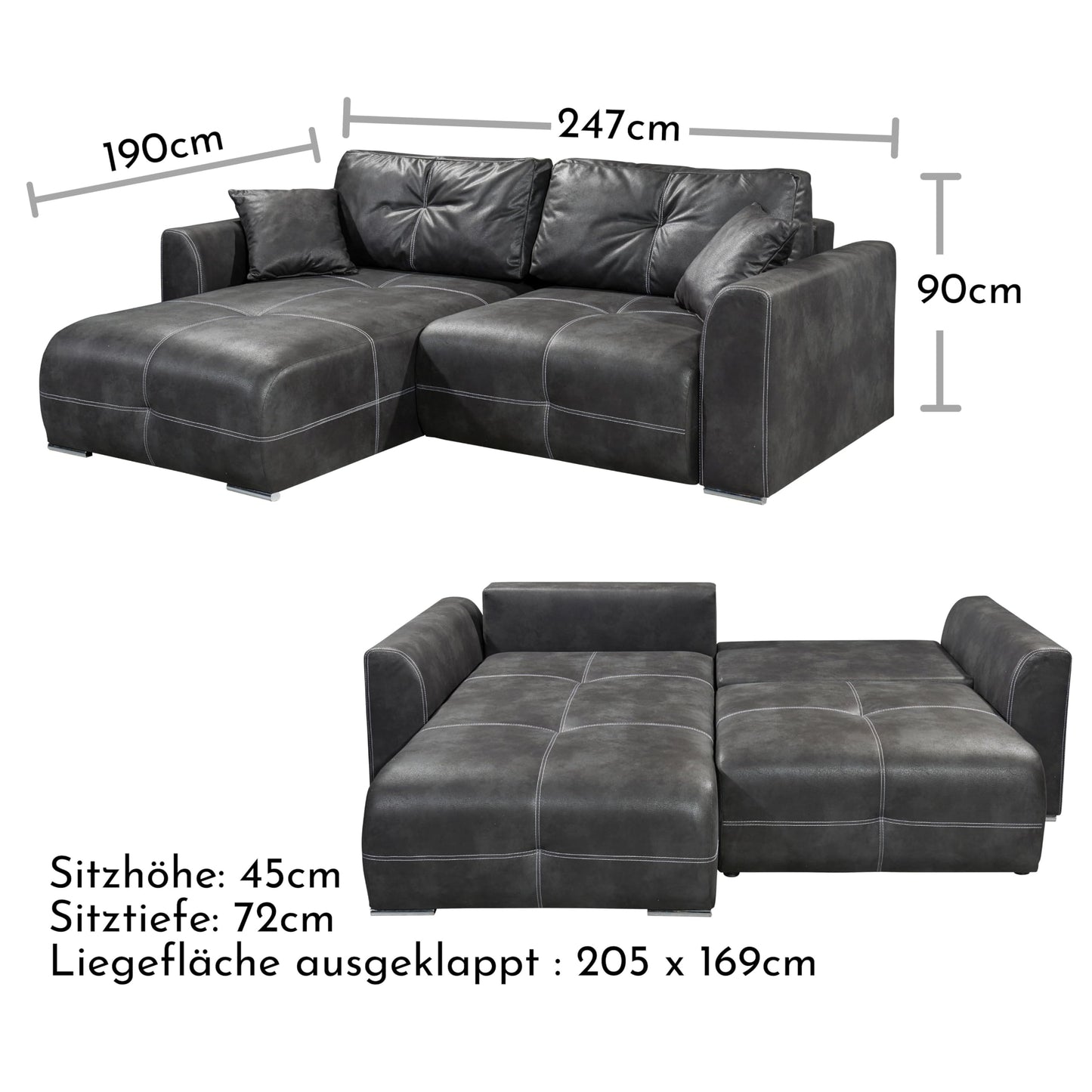 Dolan Comfortable Sofa Bed in Leather Look with Bed Box, Light Brown, Extendable Sofa with Sleep Function, 245 x 85 x 115 cm (W x H x D)