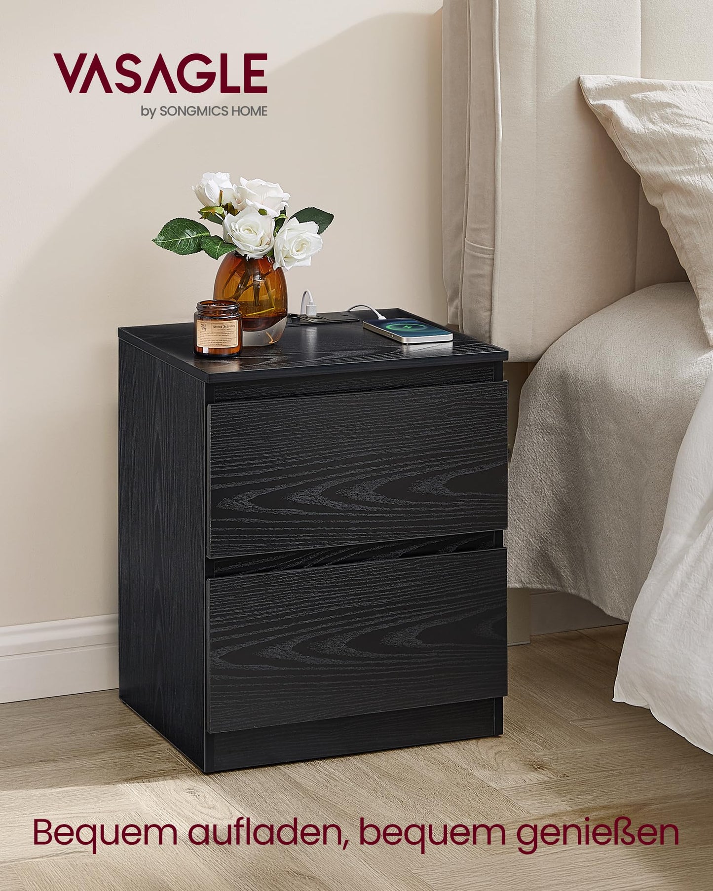 VASAGLE Kailyn Collection - Bedside Table with Power Strip, Set of 2, Side Table 2 Drawers, 2 AC Sockets, 2 USB-A Ports, for Bedroom, Cloud White LET821W02