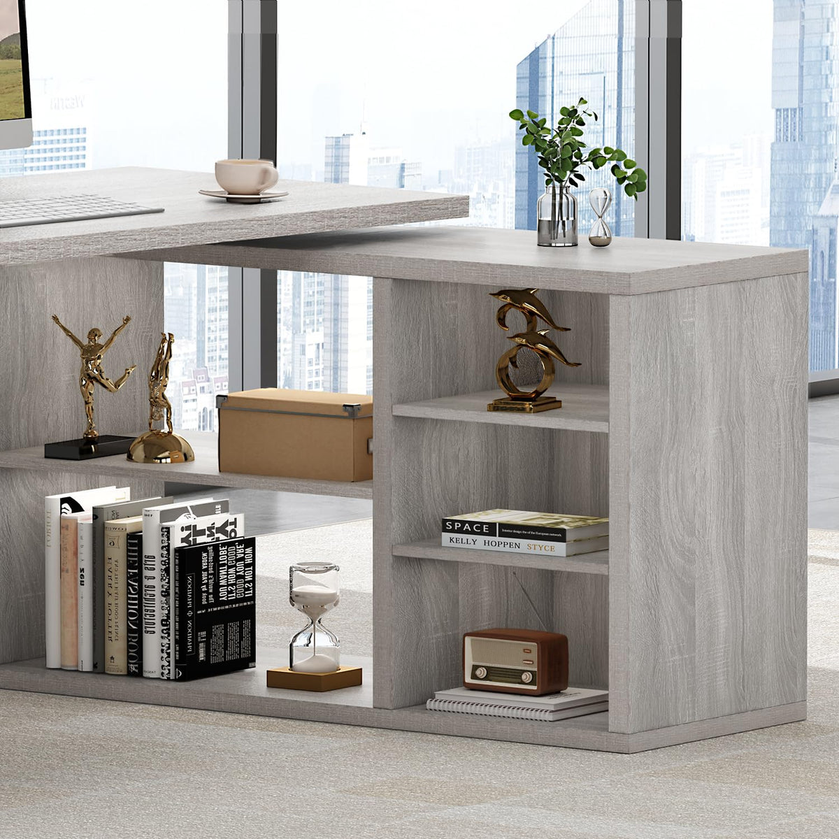 HSH Desk L Shape with Storage Space Corner Desk for Home Office Industrial Computer Desk Office Table Wood Design PC Table for Office Study Vintage Grey 140 cm