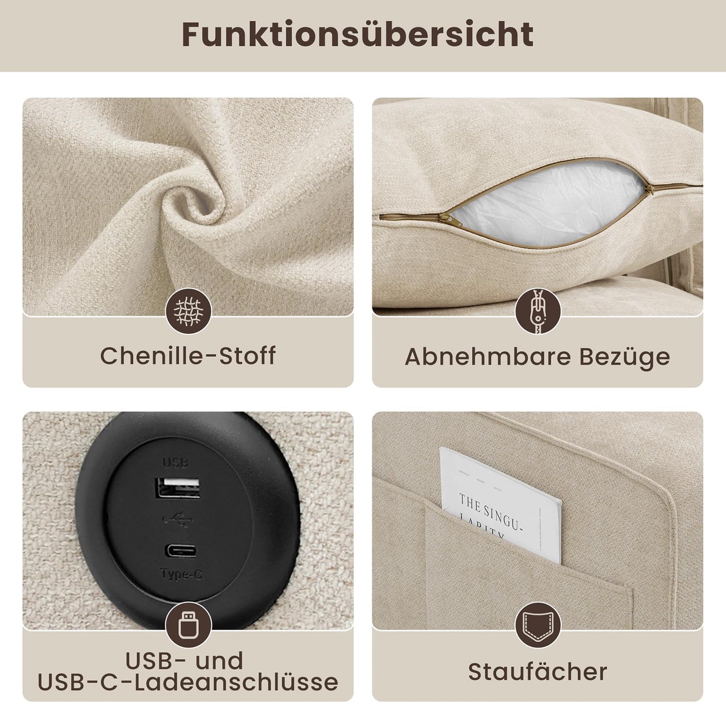 DUANDUAN 250CM Convertible Sektionssofa Couch mit Chaise Lagerung, Moderne L-förmige Reversible Design, Bequeme Chenille Stoff, abnehmbare Kissenbezüge USB Typ-C Ports Wohnzimmer(Beige)