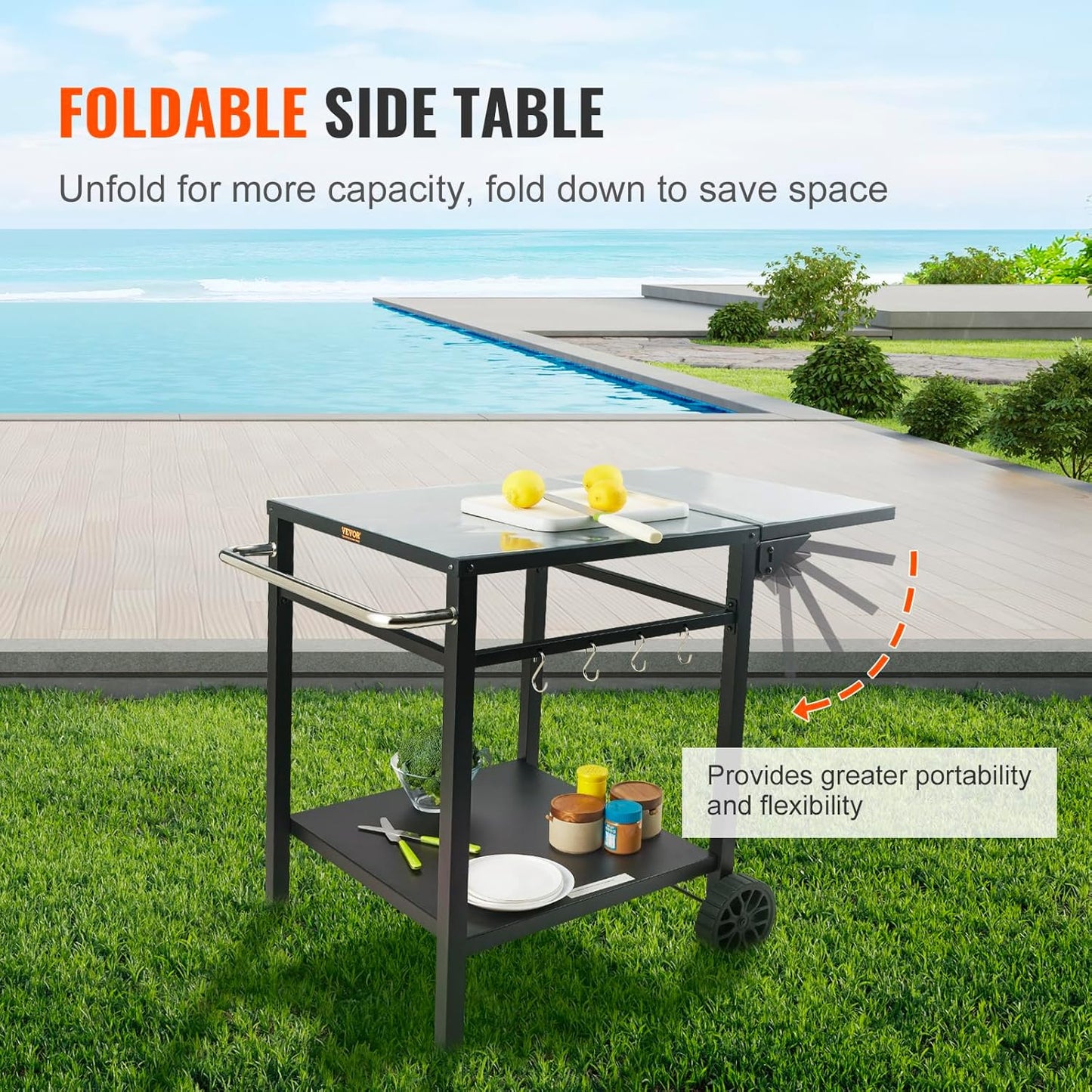 VEVOR Barbecue Trolley, Kitchen Trolley, 97.2 x 64 x 75.5 cm, Outdoor Serving Trolley with Double Shelf, Movable Grill Table for Preparing Food, Multifunctional Iron Table Top, Black