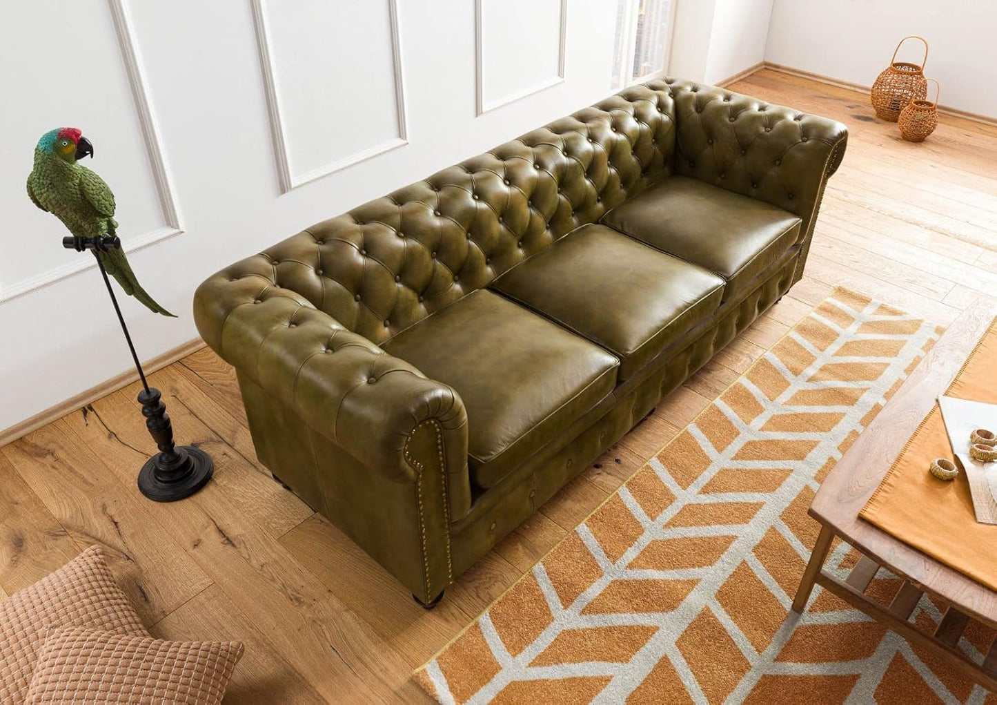 MASSIVMOEBEL24.DE Chesterfield #103 3-Seater Sofa Real Leather 218 x 82 x 76 cm Brown