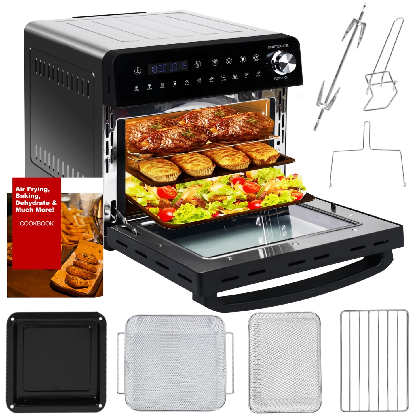 Dual Zone Hot Air Fryer, 23 L Hot Air Fryer, XXL Oven 1800 W with LED Touch Screen, 15 Programmes, with Recipe Book, 11 Accessories