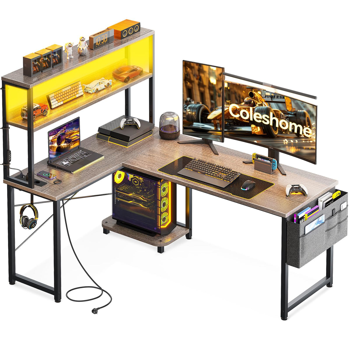Coleshome Gaming Table L Shape with LED & Sockets, 135 × 100 cm Reversible Gaming Desk with Storage Shelves, Corner Desk with Storage Bag for Home Office and Gaming, Black